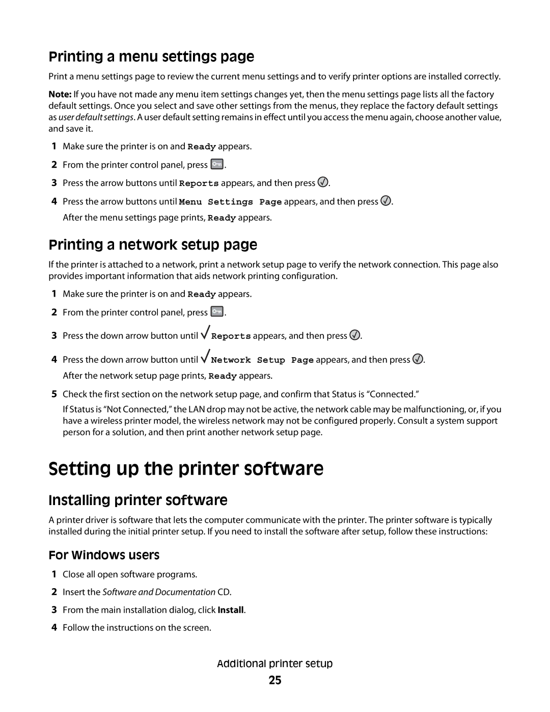 Lexmark dn2, X363dn Setting up the printer software, Printing a menu settings, Printing a network setup, For Windows users 