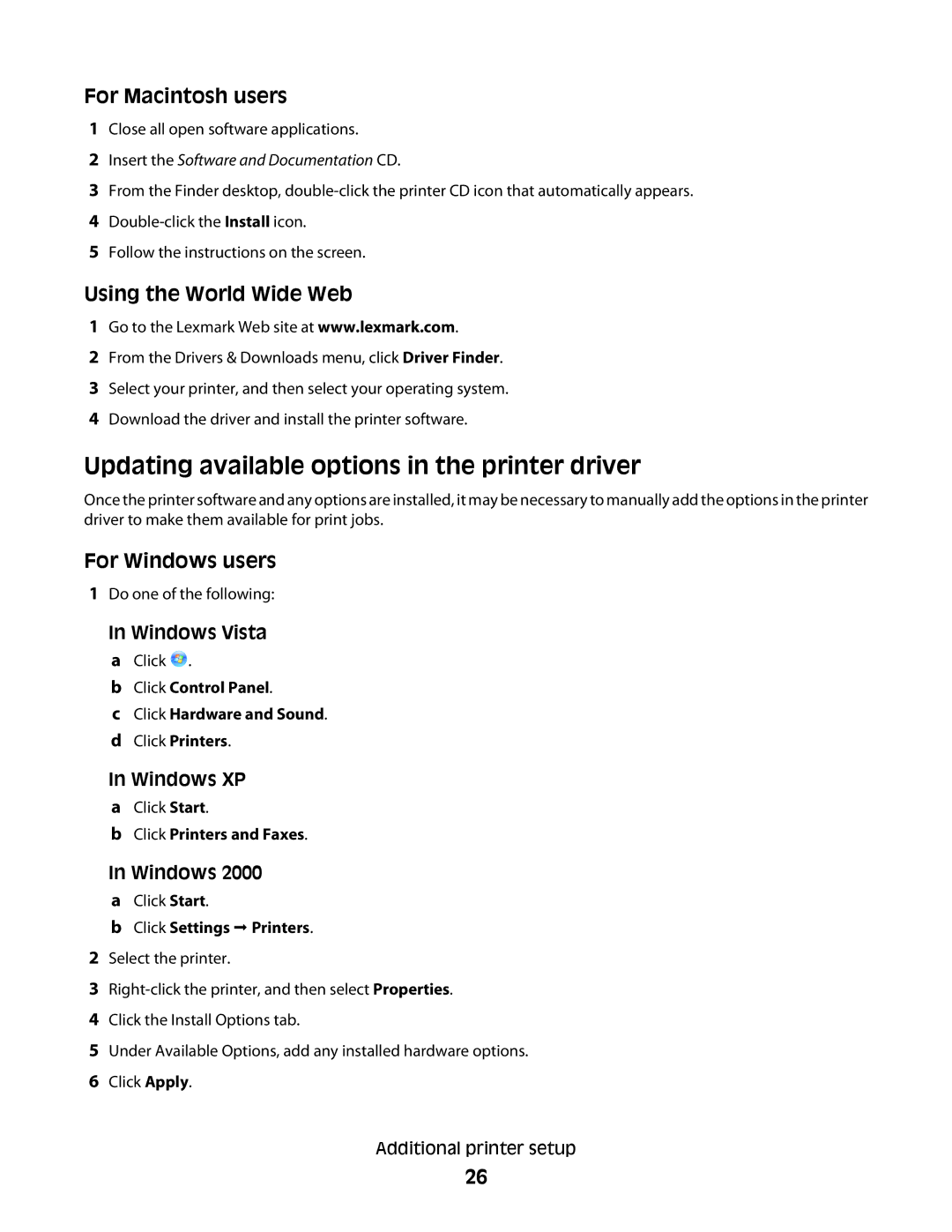 Lexmark d01, d02 Updating available options in the printer driver, For Macintosh users, Using the World Wide Web, Windows 