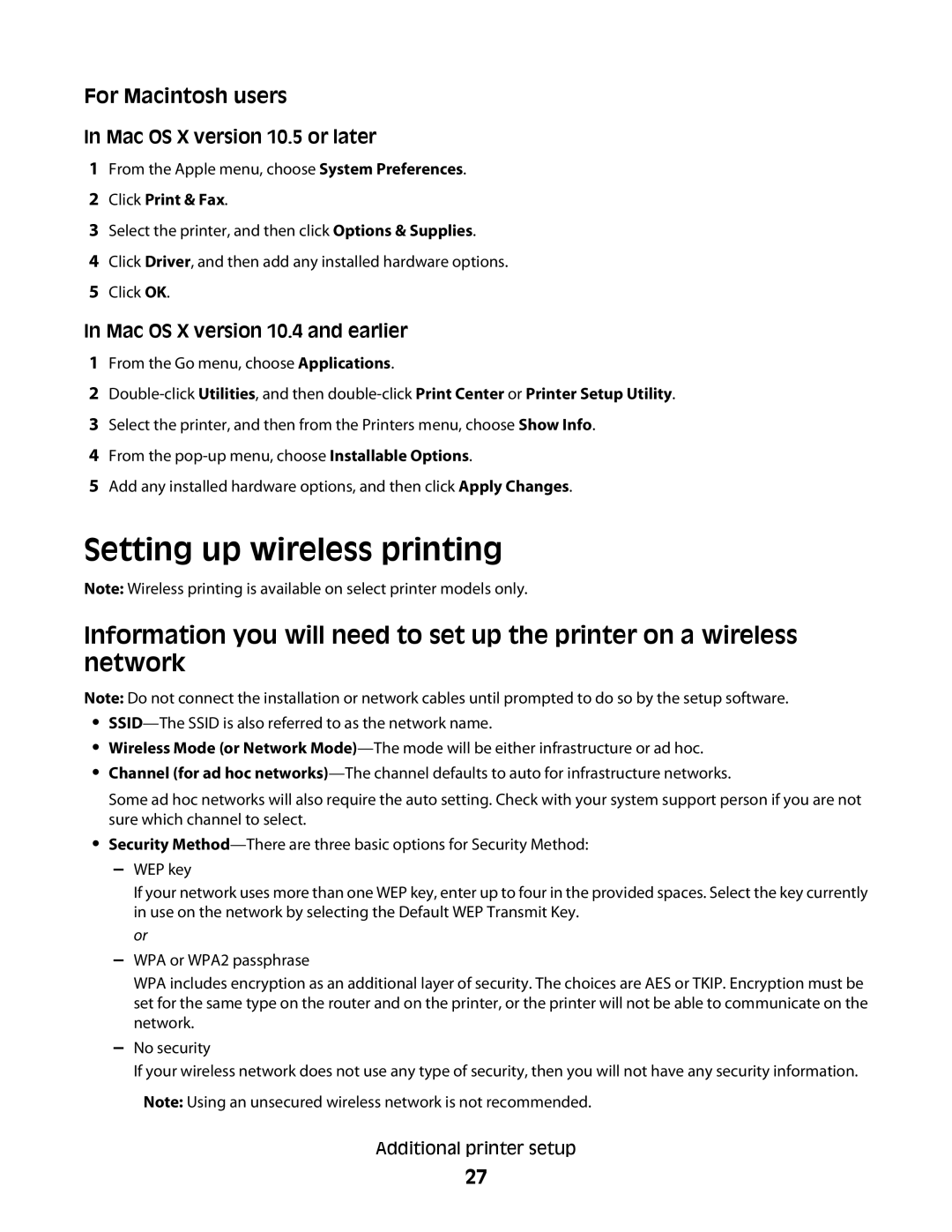 Lexmark 4549, X363dn, d02 Setting up wireless printing, Mac OS X version 10.5 or later, Mac OS X version 10.4 and earlier 