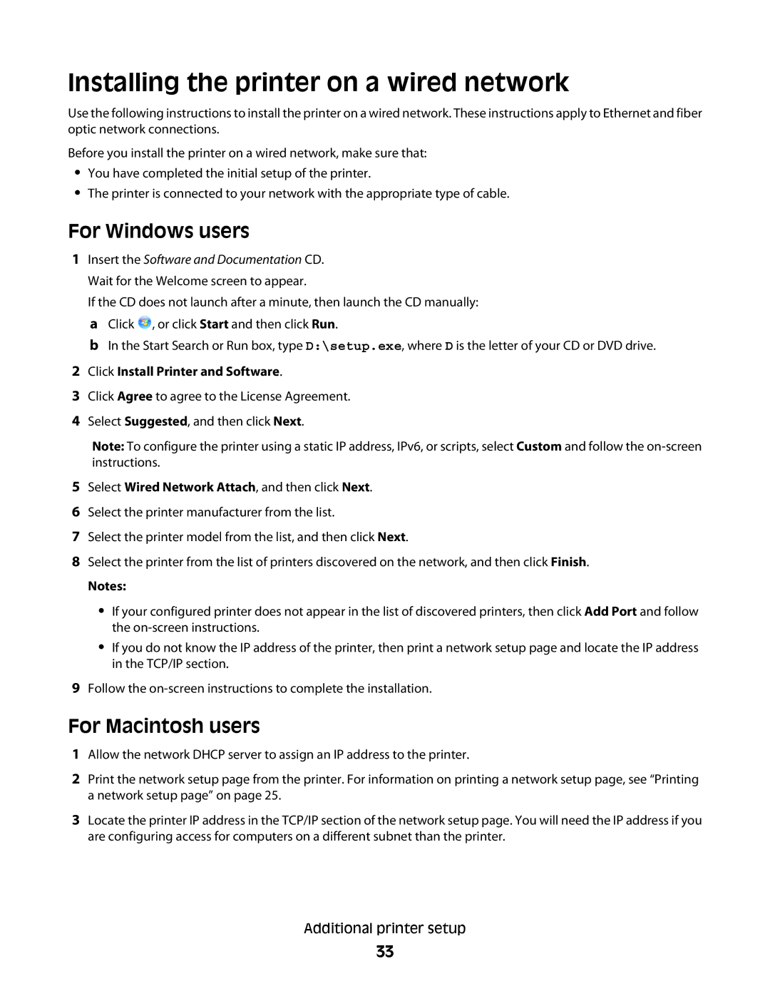 Lexmark 231, X363dn, d02, gd2, gd1, dn1, dn2 Installing the printer on a wired network, For Windows users, For Macintosh users 
