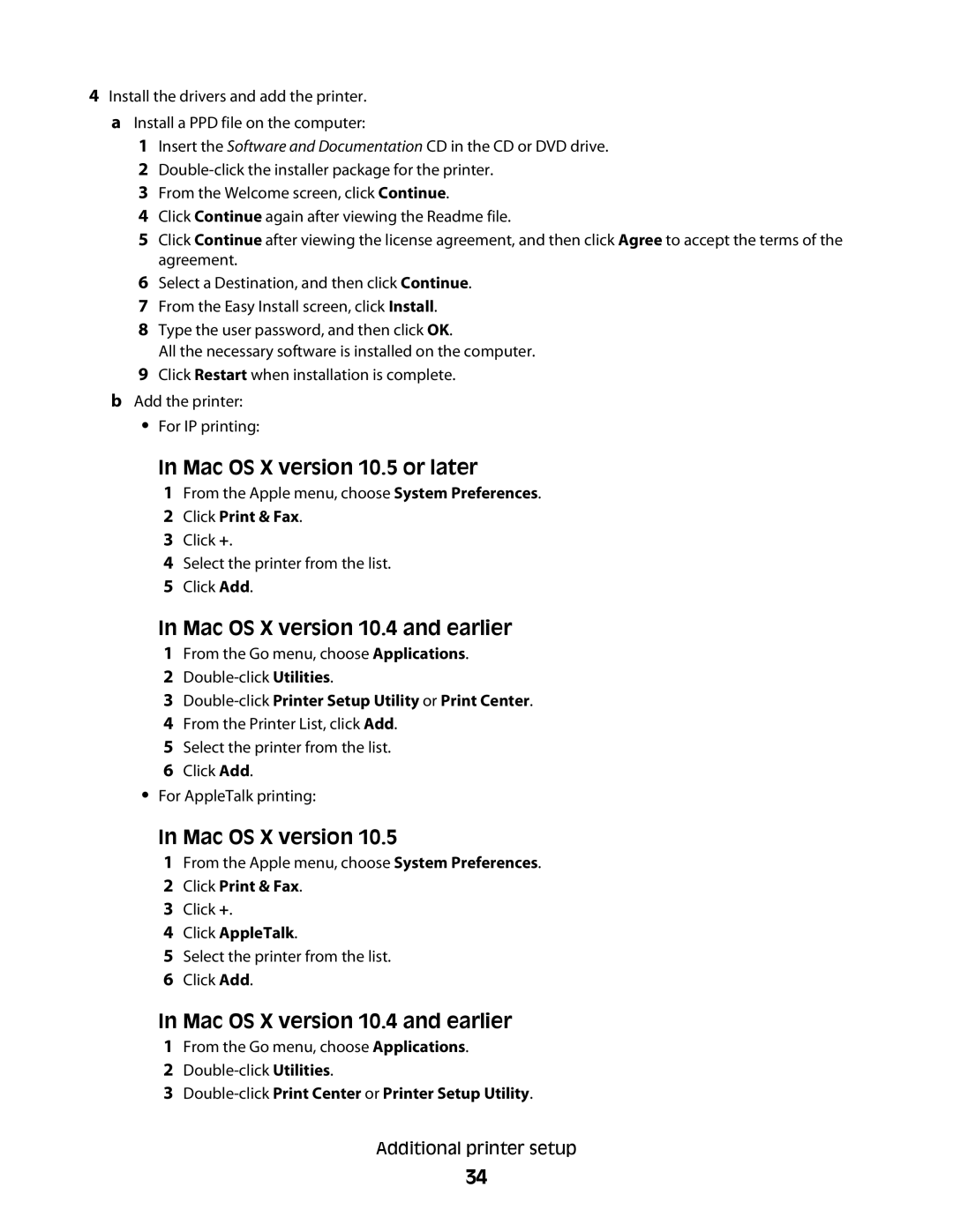 Lexmark 432, X363dn, d02, gd2, gd1, dn1, dn2, d01, 4549, 7013 Mac OS X version 10.5 or later, Mac OS X version 10.4 and earlier 