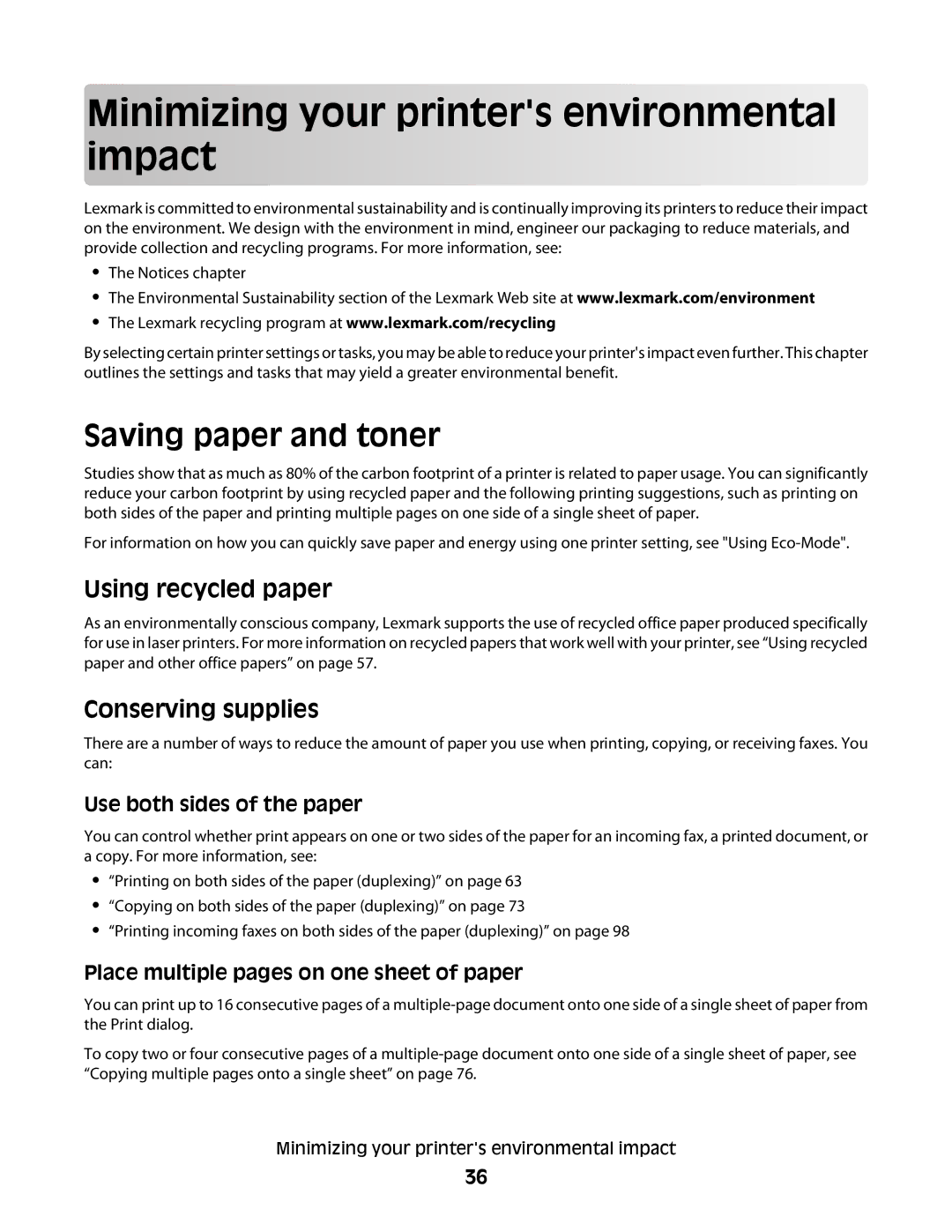 Lexmark 13B4058, X363dn, d02 Minimizing your printers environmental impact, Saving paper and toner, Using recycled paper 