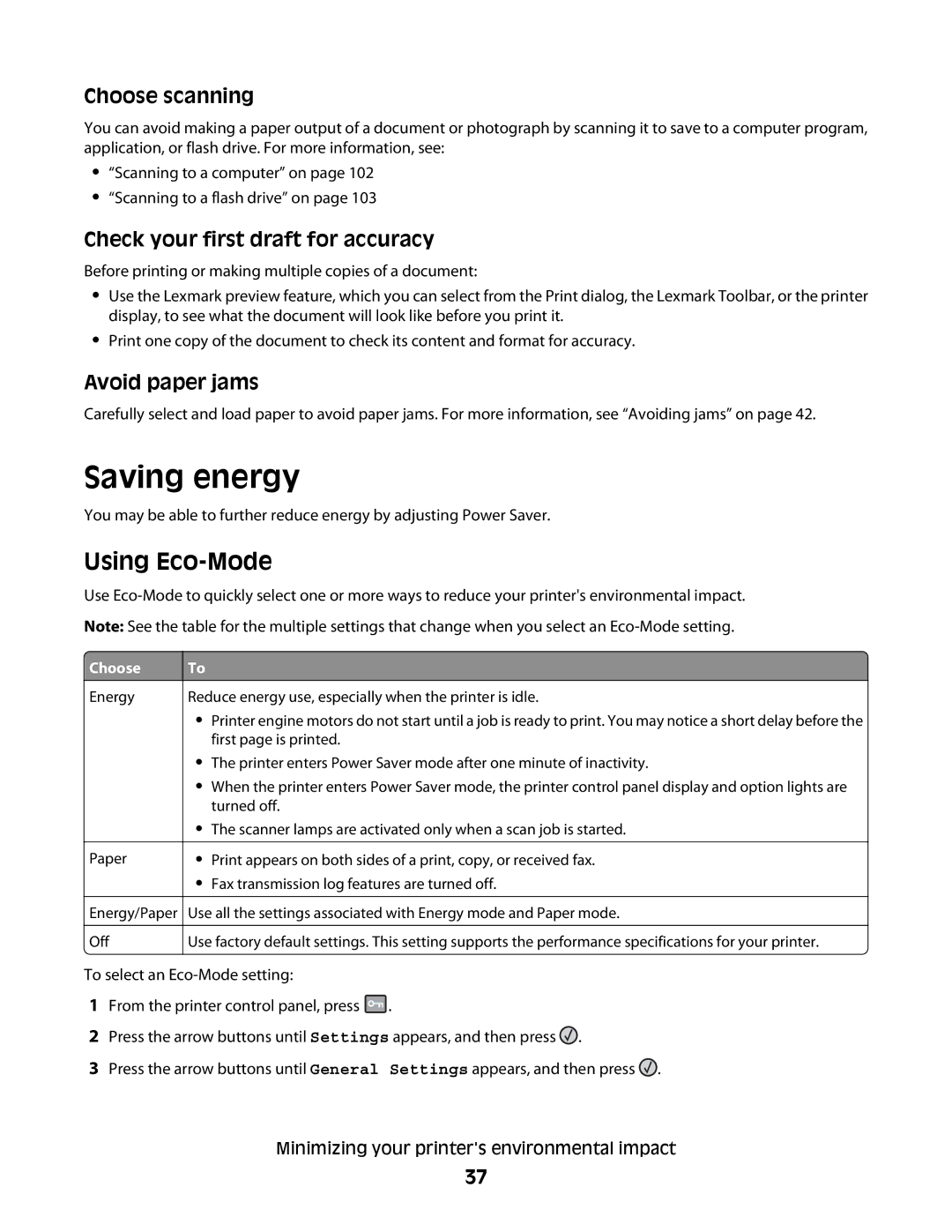 Lexmark 13B0502, d02 Saving energy, Using Eco-Mode, Choose scanning, Check your first draft for accuracy, Avoid paper jams 