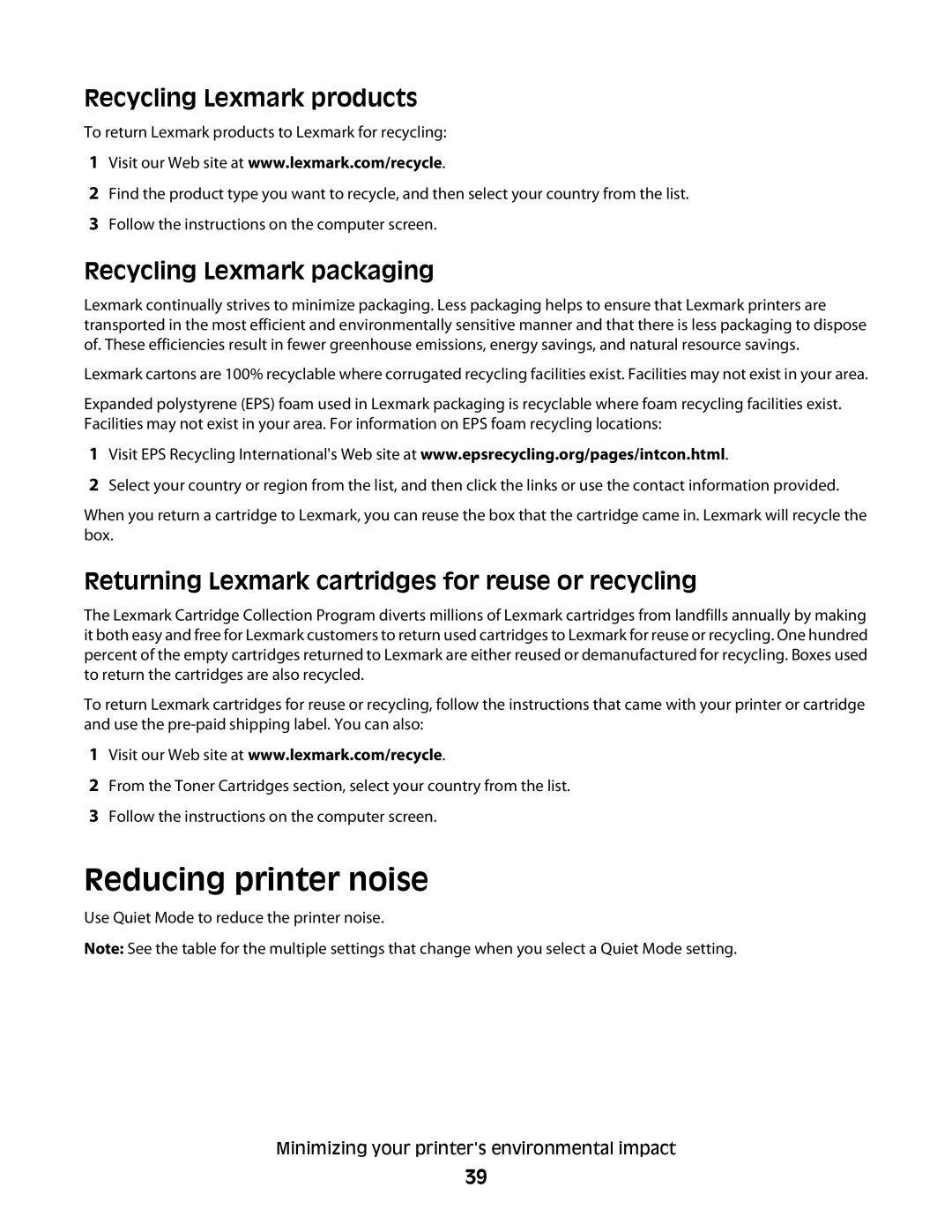 Lexmark 13B0500, X363dn, d02, gd2, gd1, dn1 Reducing printer noise, Recycling Lexmark products, Recycling Lexmark packaging 