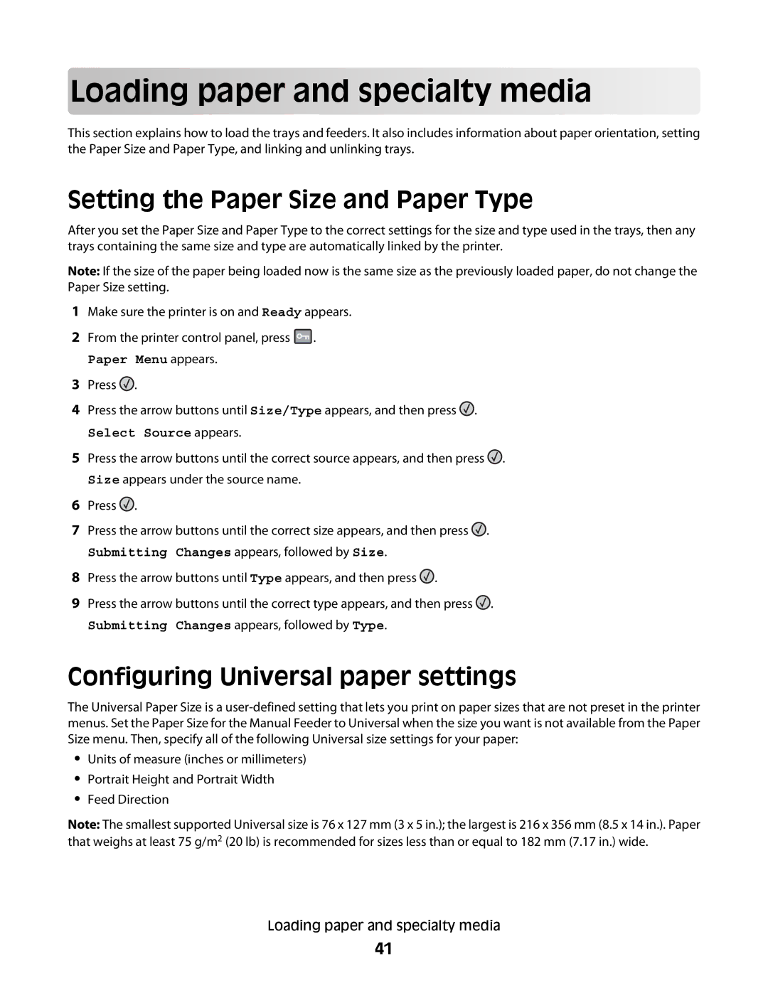 Lexmark d02, X363dn, gd2, gd1, dn1, dn2, d01, 43W Load in g pape r a nd s p ecialty media, Setting the Paper Size and Paper Type 