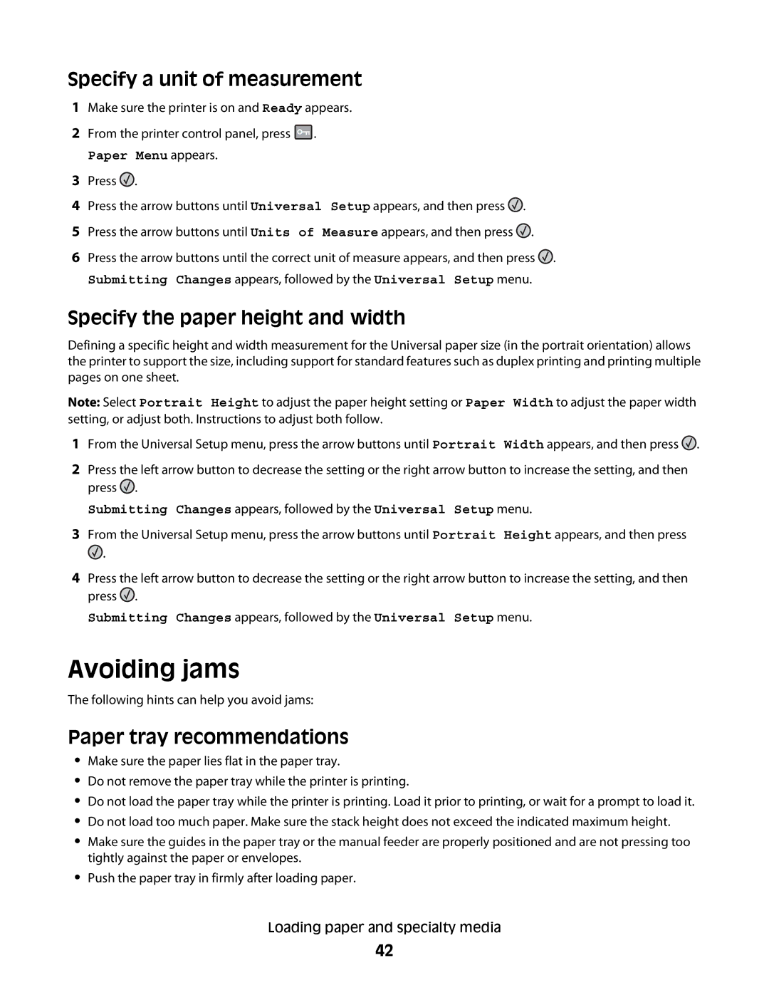 Lexmark gd2 Avoiding jams, Specify a unit of measurement, Specify the paper height and width, Paper tray recommendations 