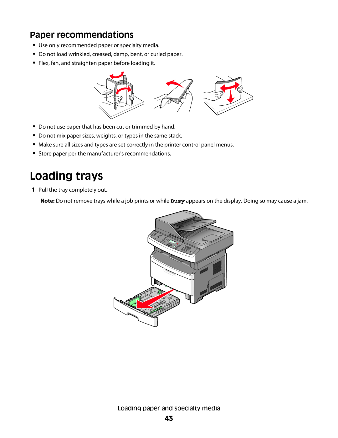 Lexmark gd1, X363dn, d02, gd2, dn1, dn2, d01, 4549, 7013, 4564, 43W, 436, 13B0633, 231, 432, 235 Loading trays, Paper recommendations 