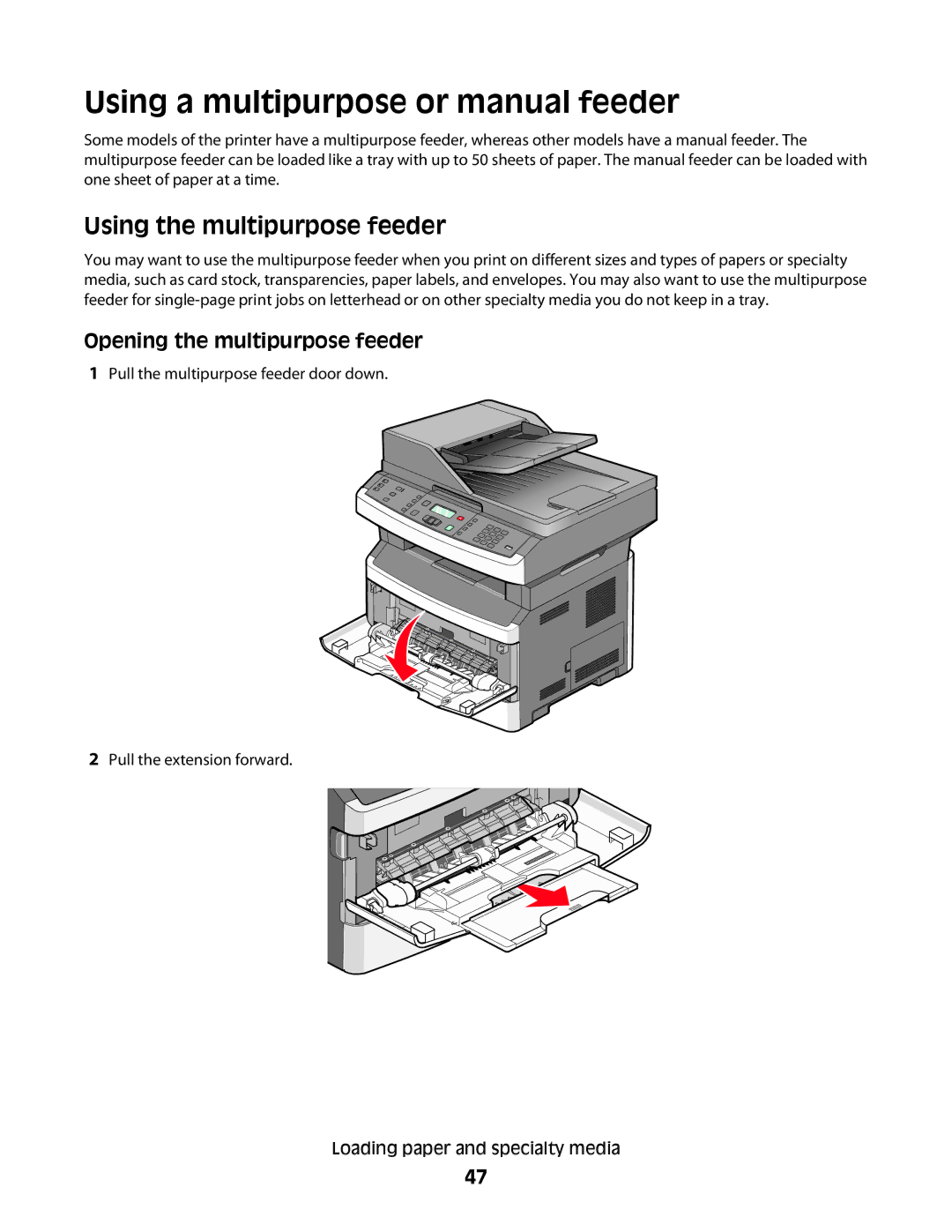 Lexmark 4549, X363dn Using a multipurpose or manual feeder, Using the multipurpose feeder, Opening the multipurpose feeder 