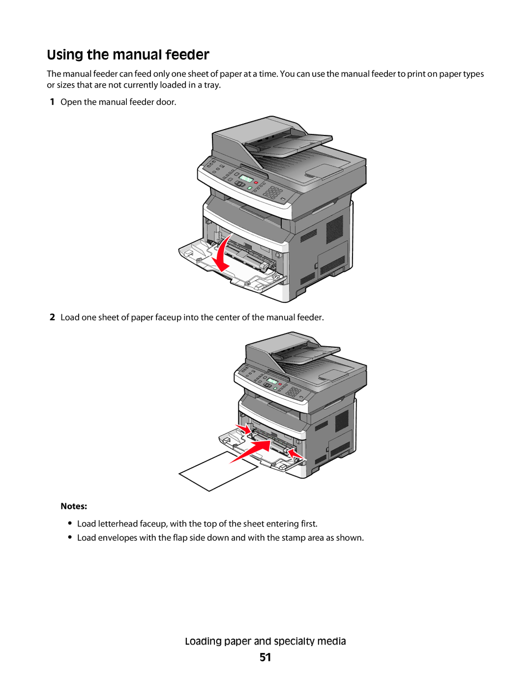 Lexmark 436, X363dn, d02, gd2, gd1, dn1, dn2, d01, 4549, 7013, 4564, 43W, 13B0633, 231, 432, 13B0503, 13B4058, 235 Using the manual feeder 