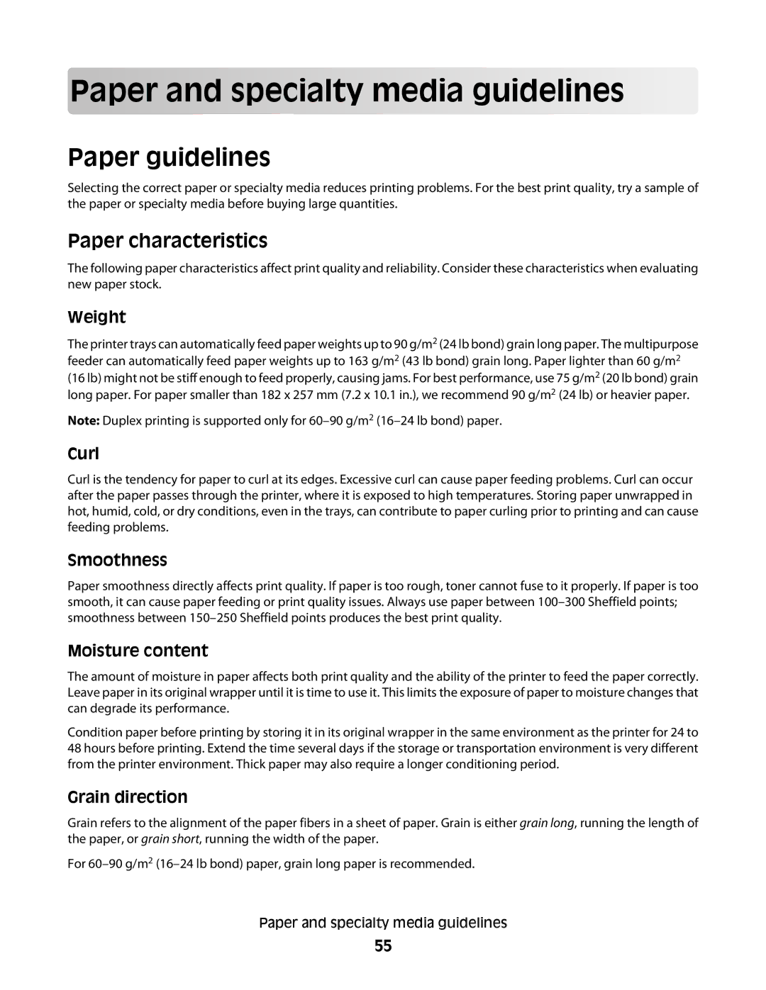 Lexmark 13B0503, X363dn, d02, gd2, gd1, dn1 Pap er and specialty m e dia g uidelin es, Paper guidelines, Paper characteristics 