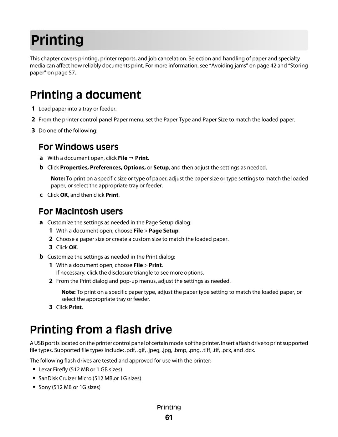 Lexmark d02, X363dn, gd2, gd1, dn1, dn2, d01, 4549, 7013, 4564, 43W, 436 Prin ting, Printing a document, Printing from a flash drive 