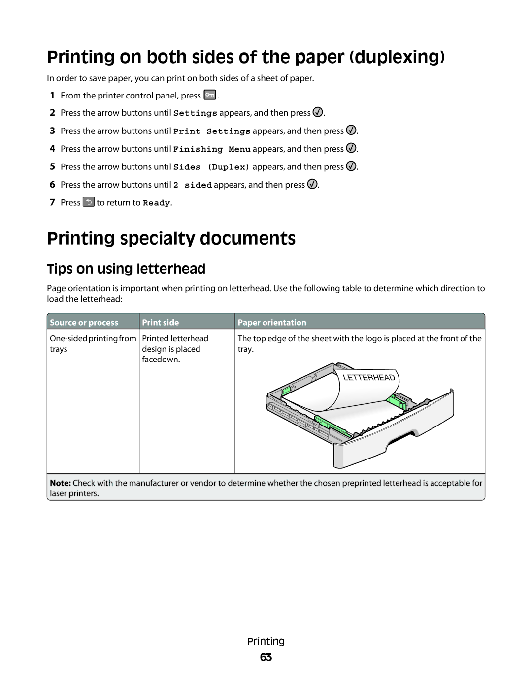 Lexmark gd1, X363dn Printing on both sides of the paper duplexing, Printing specialty documents, Tips on using letterhead 