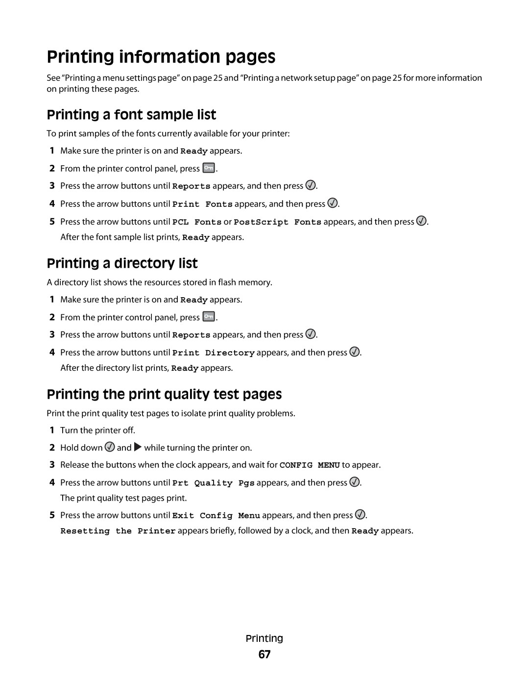 Lexmark 4549, X363dn, d02, gd2, gd1, dn1 Printing information pages, Printing a font sample list, Printing a directory list 