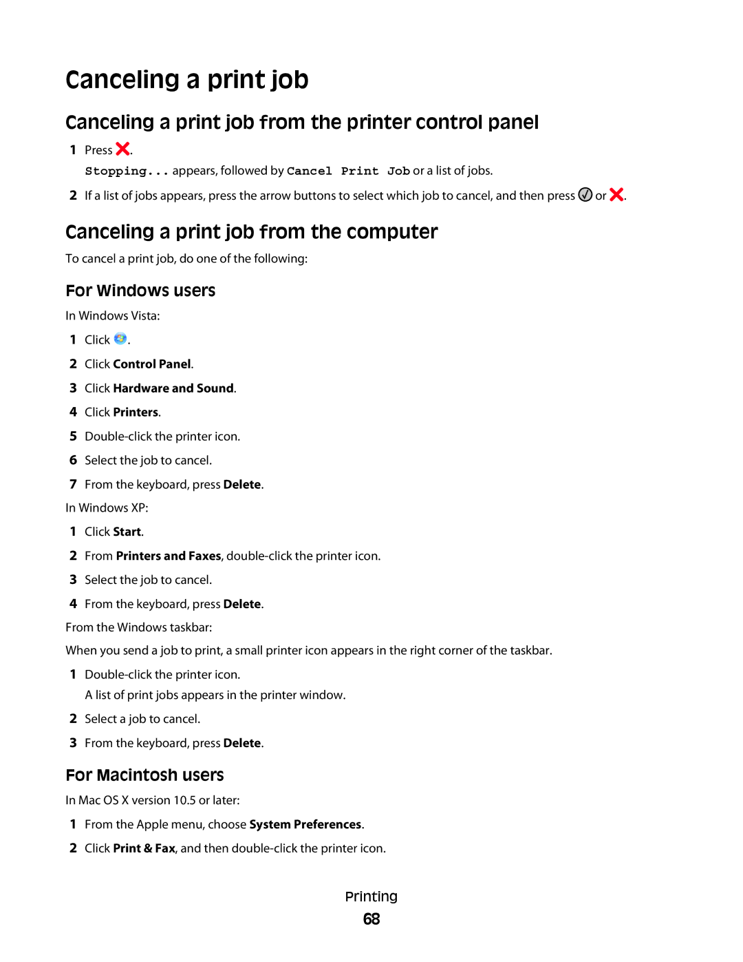 Lexmark 7013, X363dn, d02 Canceling a print job from the printer control panel, Canceling a print job from the computer 