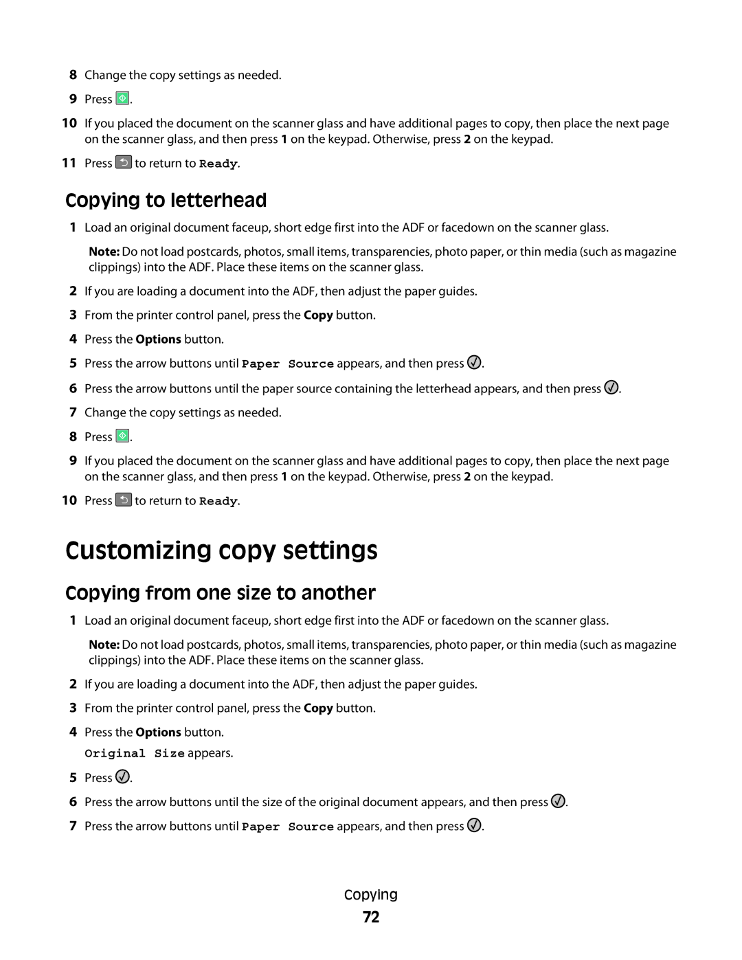 Lexmark 13B0633, X363dn, d02, gd2, gd1, dn1 Customizing copy settings, Copying to letterhead, Copying from one size to another 