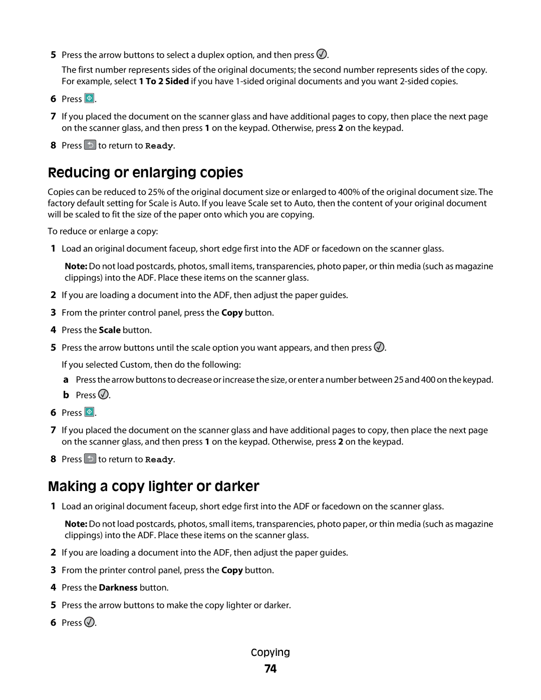 Lexmark 432, X363dn, d02, gd2, gd1, dn1, dn2, d01, 4549, 7013, 4564 Reducing or enlarging copies, Making a copy lighter or darker 