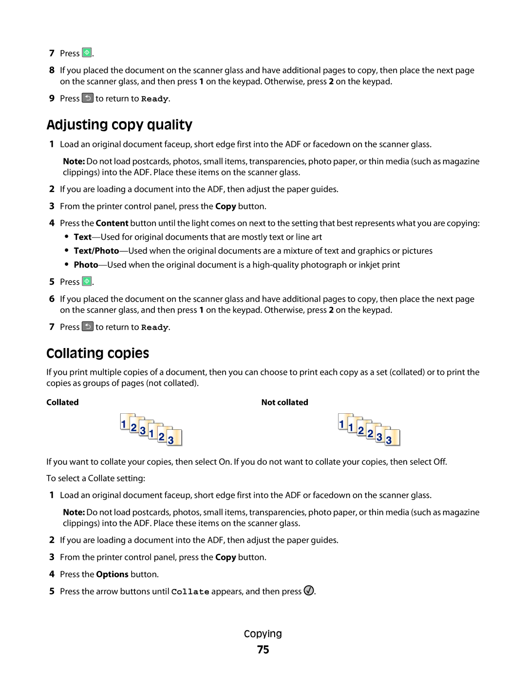 Lexmark 13B0503, X363dn, d02, gd2, gd1, dn1, dn2, d01, 4549, 7013, 4564, 43W, 436, 13B0633 Adjusting copy quality, Collating copies 