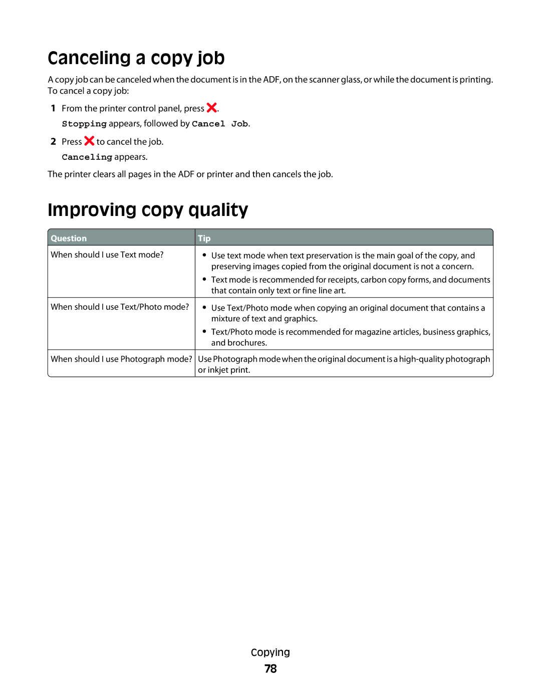 Lexmark 235, X363dn, d02, gd2, gd1, dn1, dn2, d01, 4549, 7013, 4564, 43W, 436, 13B0633 Canceling a copy job, Improving copy quality 