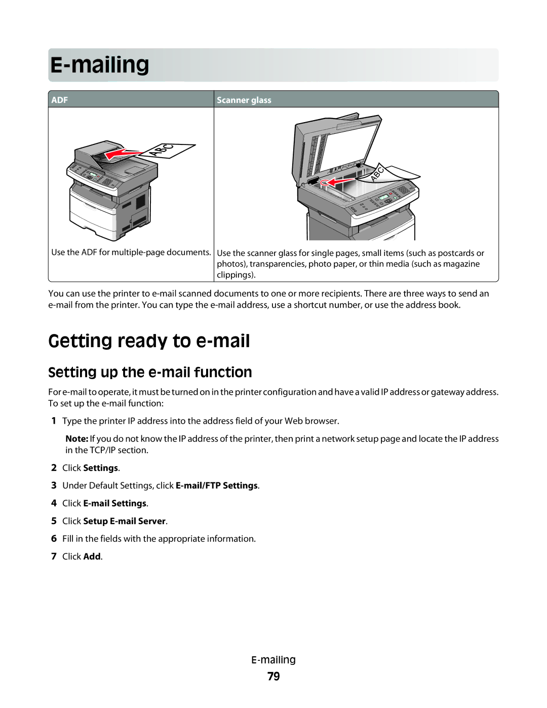 Lexmark 13B0500, X363dn, d02, gd2, gd1, dn1, dn2, d01, 4549, 7013 Mailing, Getting ready to e-mail, Setting up the e-mail function 