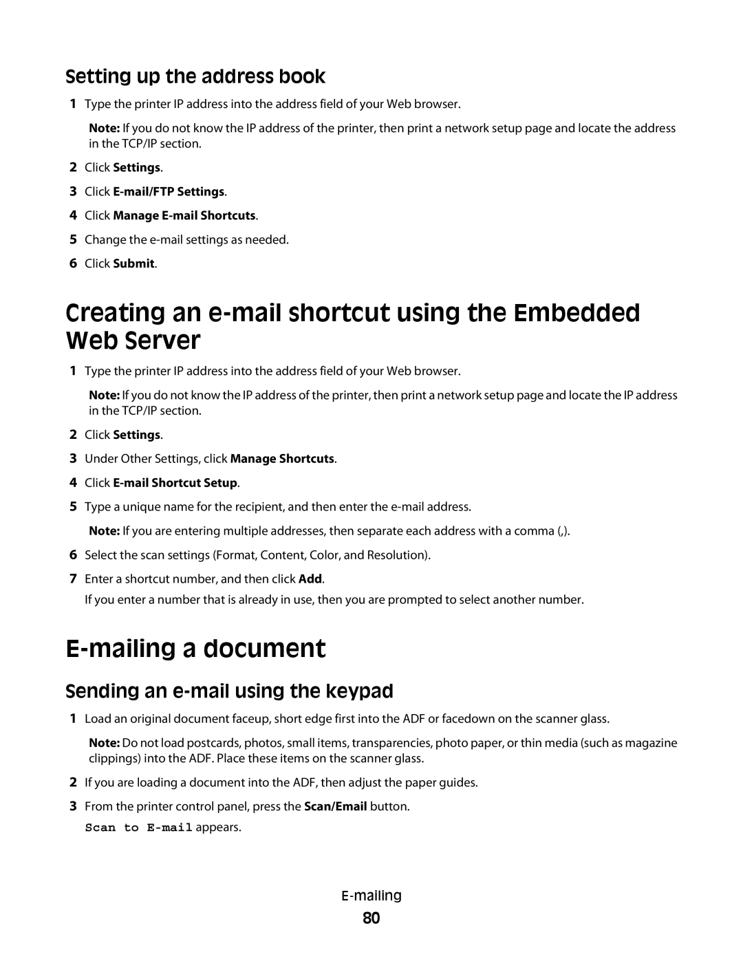 Lexmark X363dn Creating an e-mail shortcut using the Embedded Web Server, Mailing a document, Setting up the address book 