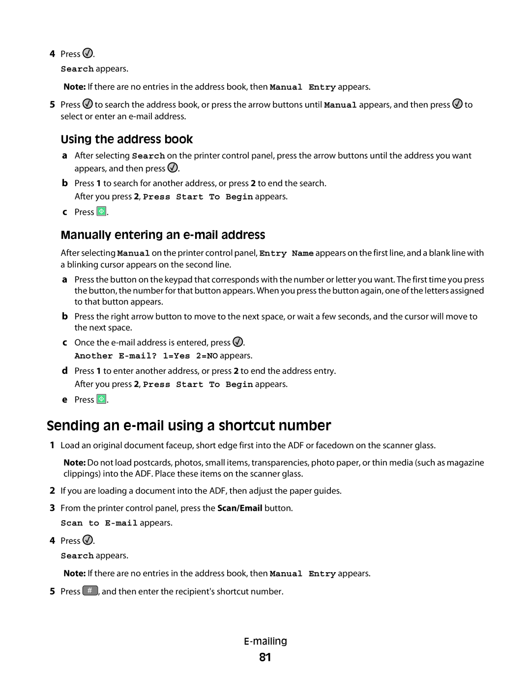 Lexmark d02, X363dn Sending an e-mail using a shortcut number, Using the address book, Manually entering an e-mail address 