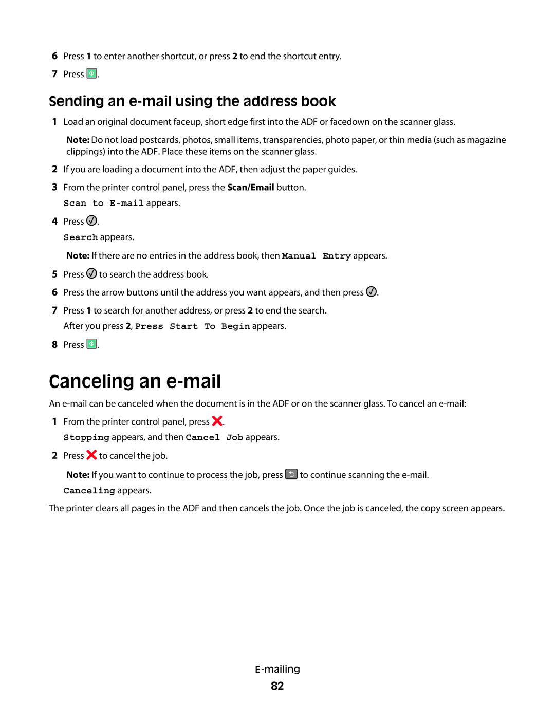 Lexmark gd2, X363dn, d02, gd1, dn1, dn2, d01, 4549, 7013, 4564, 43W Canceling an e-mail, Sending an e-mail using the address book 