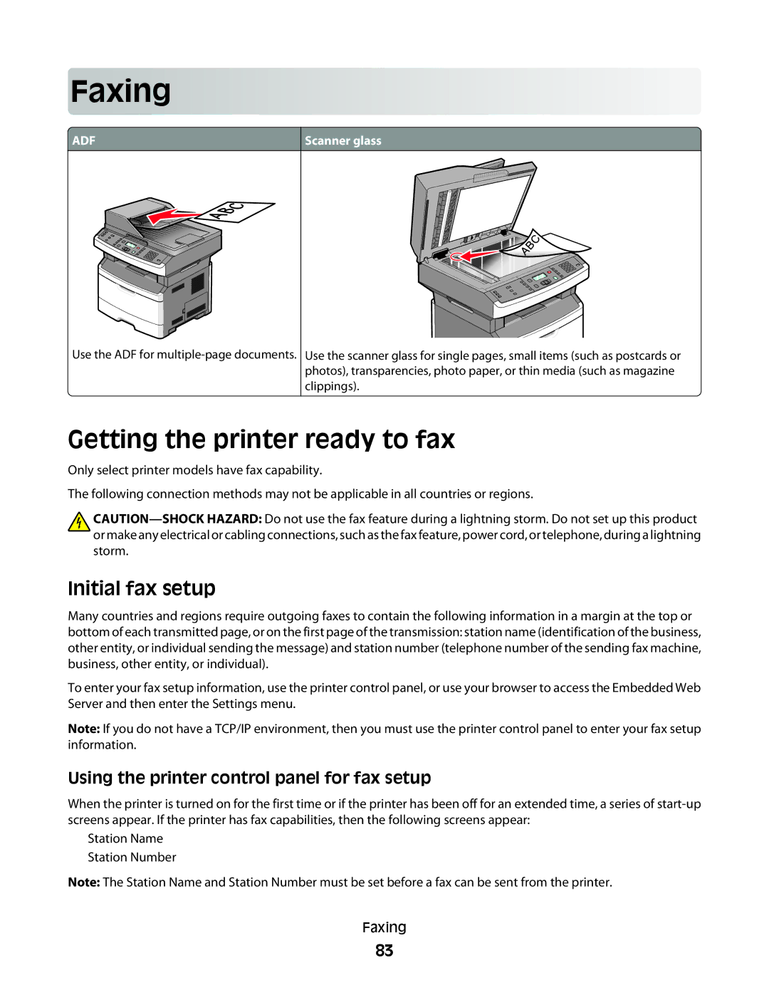 Lexmark gd1 Faxing, Getting the printer ready to fax, Initial fax setup, Using the printer control panel for fax setup 