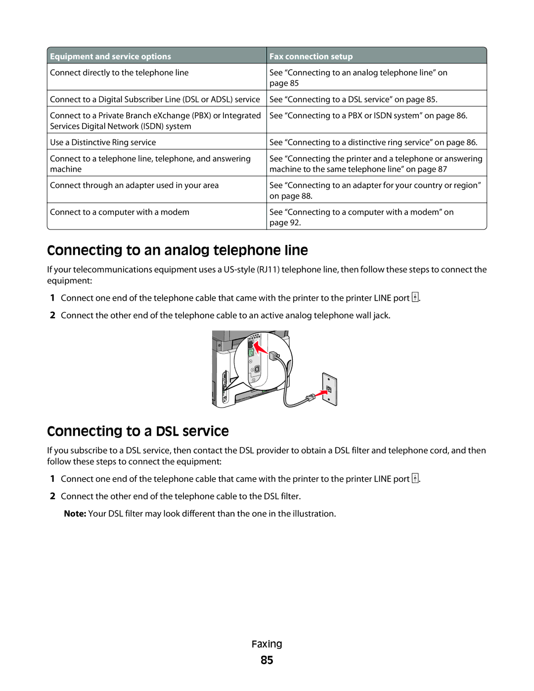 Lexmark dn2, X363dn, d02, gd2, gd1, dn1, d01, 4549, 7013, 4564 Connecting to an analog telephone line, Connecting to a DSL service 