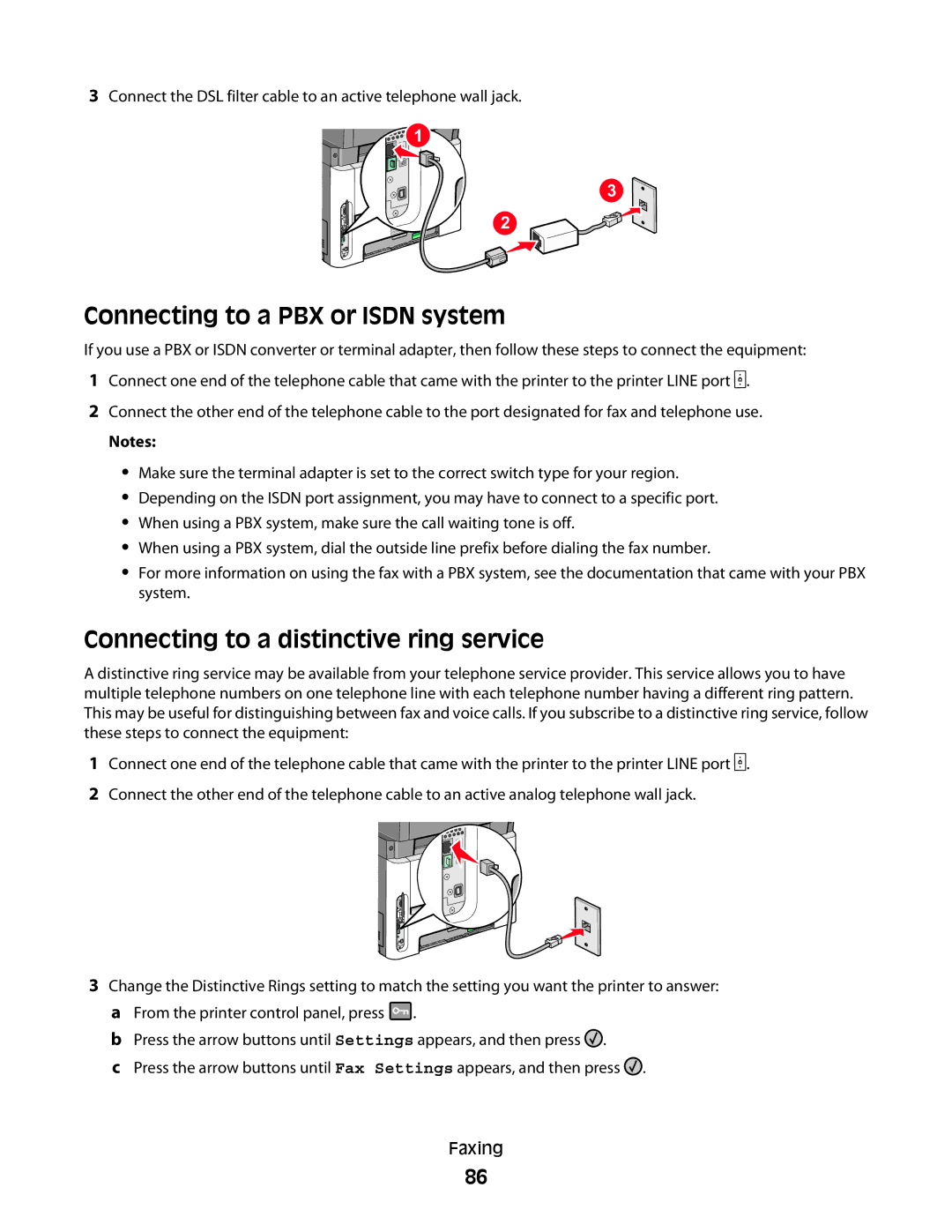 Lexmark d01, X363dn, d02, gd2, gd1, dn1, dn2, 4549 Connecting to a PBX or Isdn system, Connecting to a distinctive ring service 