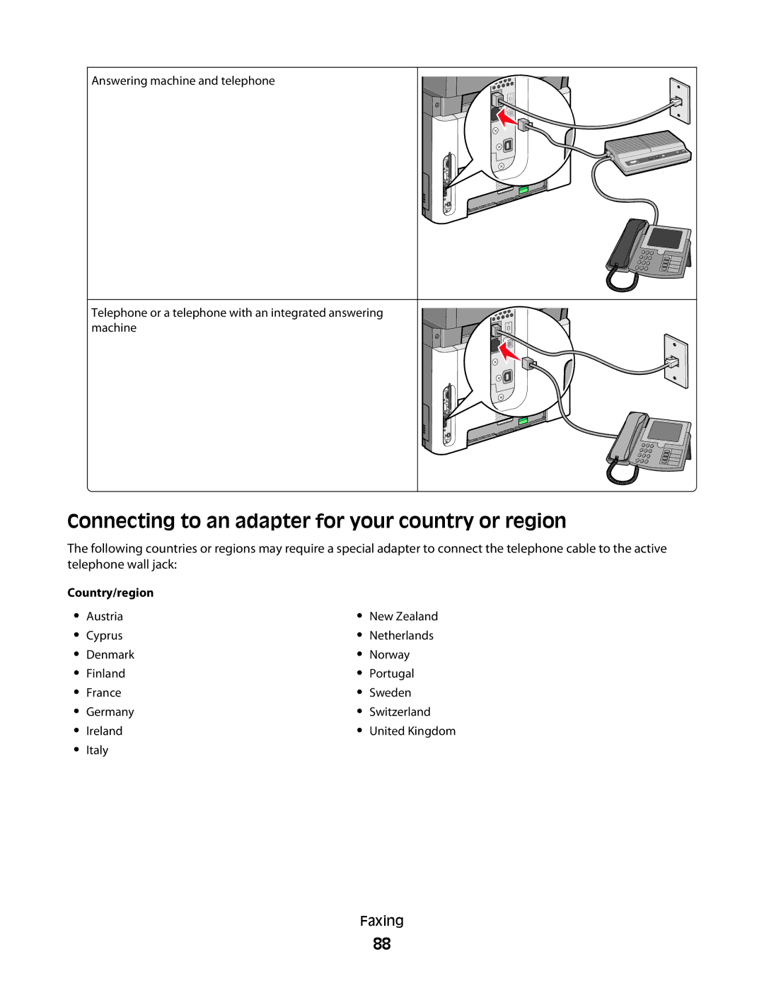 Lexmark 7013, X363dn, d02, gd2, gd1, dn1, dn2, d01, 4549, 4564 Connecting to an adapter for your country or region, Country/region 