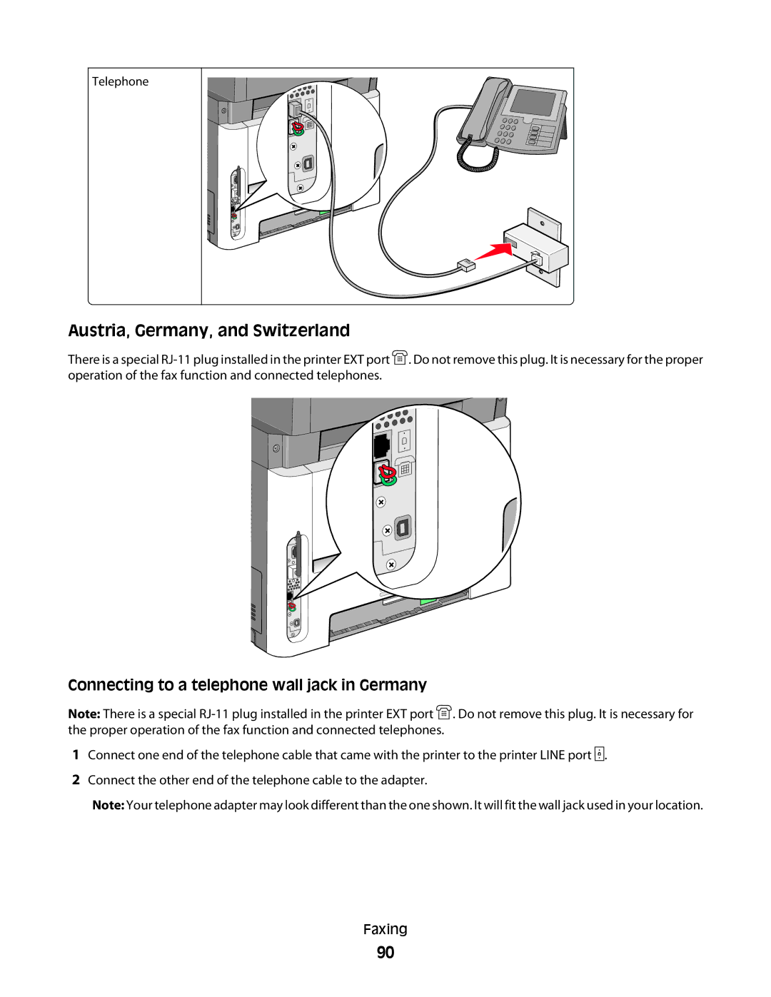 Lexmark 43W, X363dn, d02, gd2, gd1, dn1, dn2 Austria, Germany, and Switzerland, Connecting to a telephone wall jack in Germany 