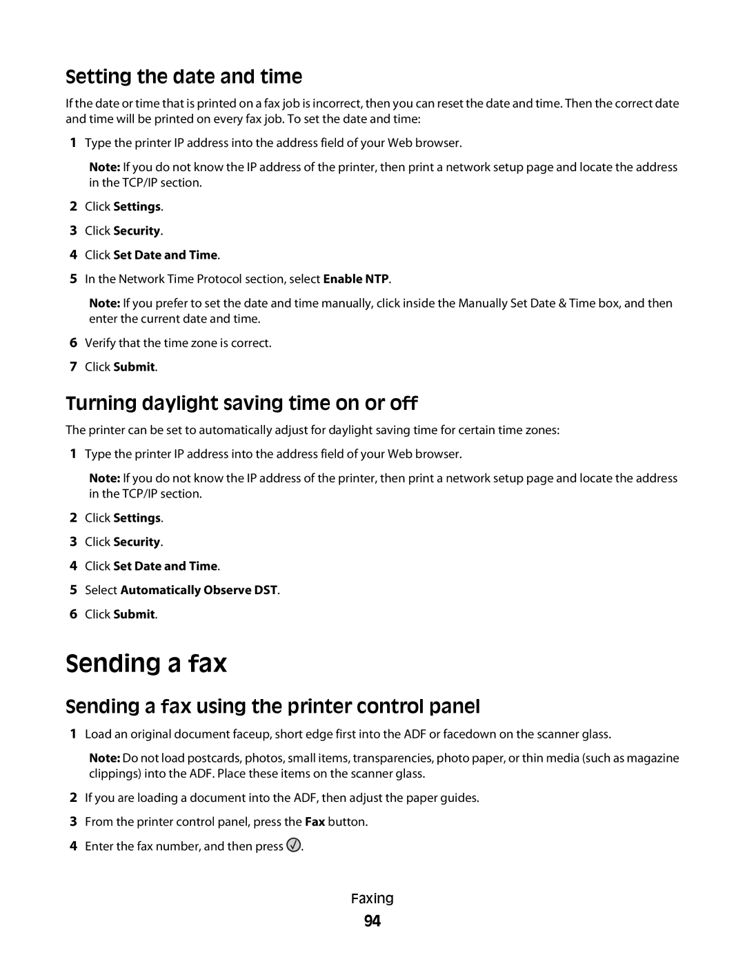 Lexmark 432, X363dn, d02, gd2, gd1, dn1, dn2 Sending a fax, Setting the date and time, Turning daylight saving time on or off 