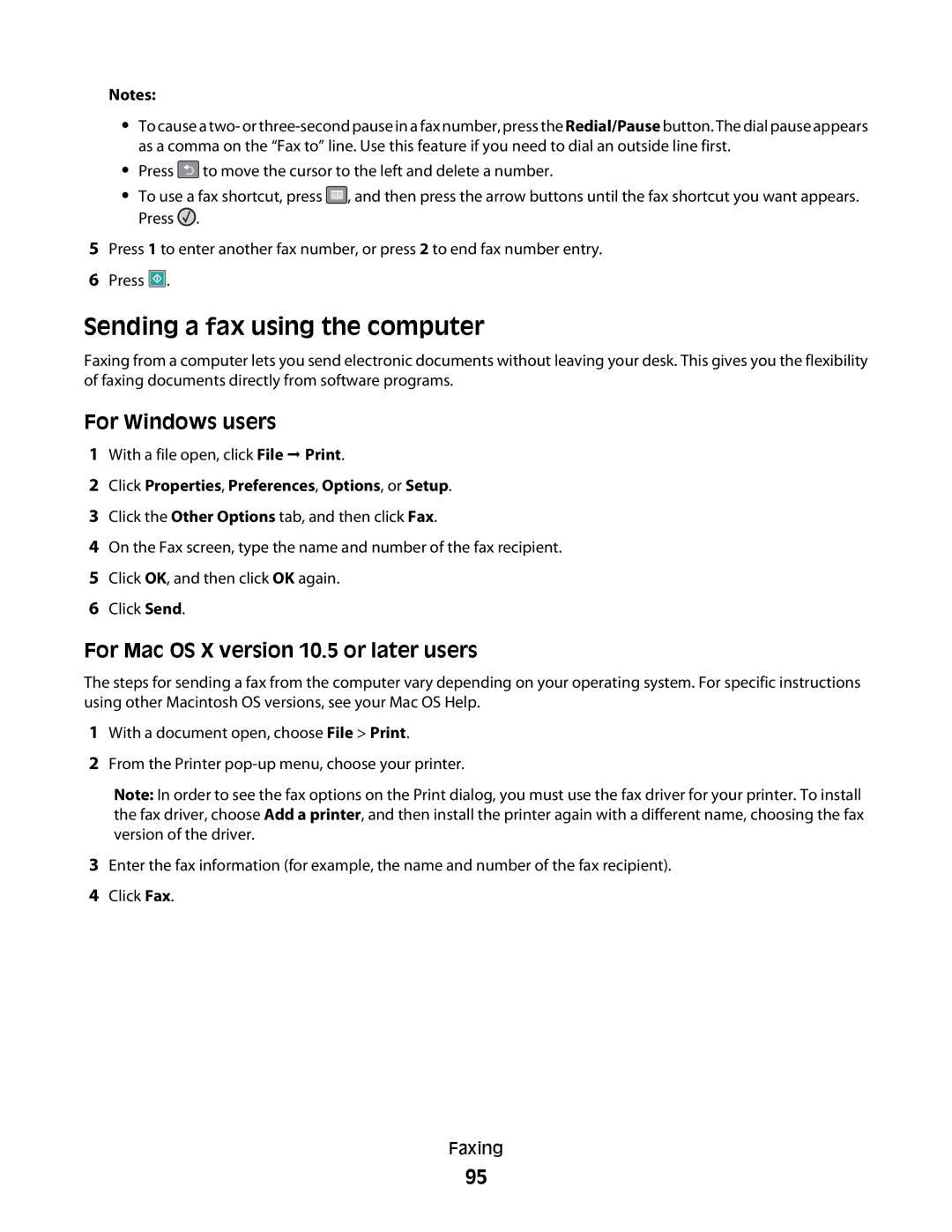 Lexmark 13B0503, X363dn, d02, gd2, gd1, dn1, dn2, d01 Sending a fax using the computer, For Mac OS X version 10.5 or later users 