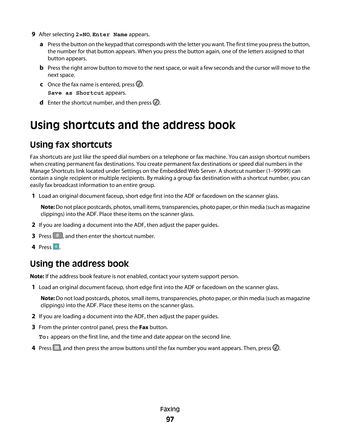 Lexmark 13B0502, X363dn, d02, gd2, gd1, dn1 Using shortcuts and the address book, Using fax shortcuts, Using the address book 