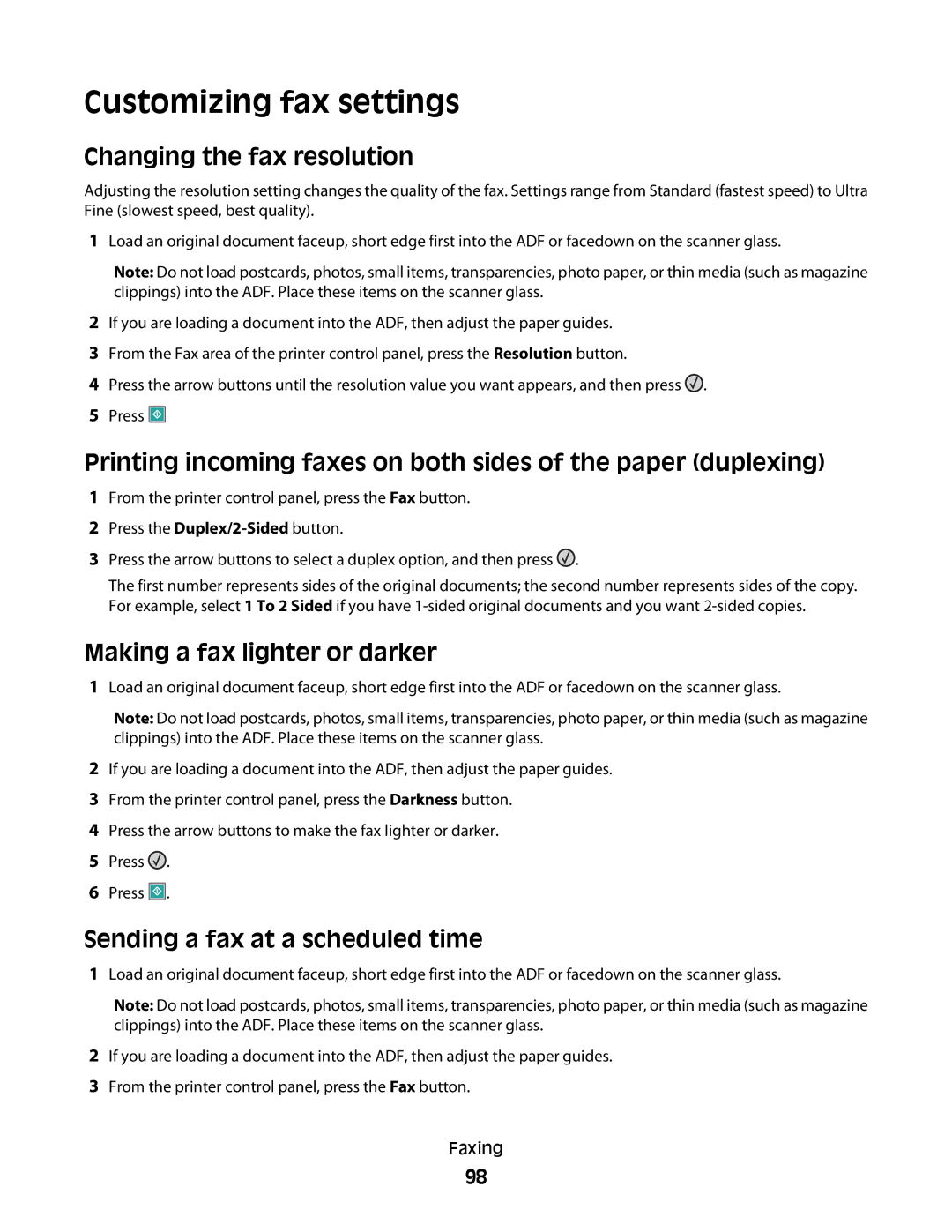 Lexmark 235, X363dn, d02, gd2, gd1, dn1 Customizing fax settings, Changing the fax resolution, Making a fax lighter or darker 