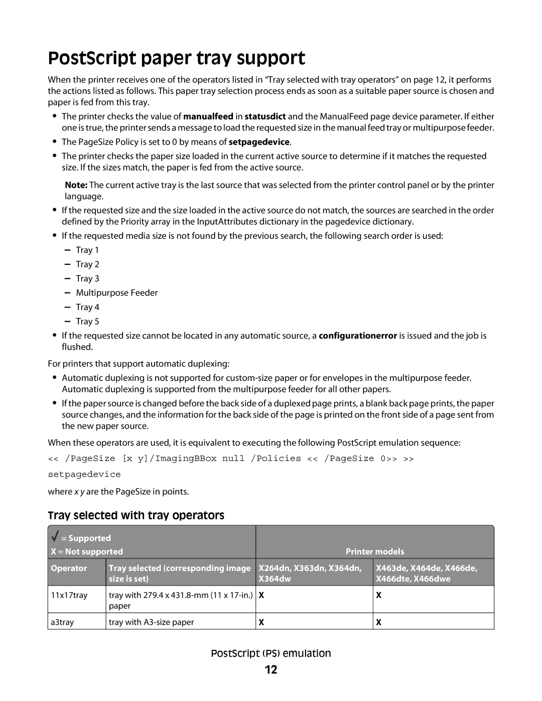 Lexmark X364DN/DW manual PostScript paper tray support, = Supported = Not supported Printer models Operator 