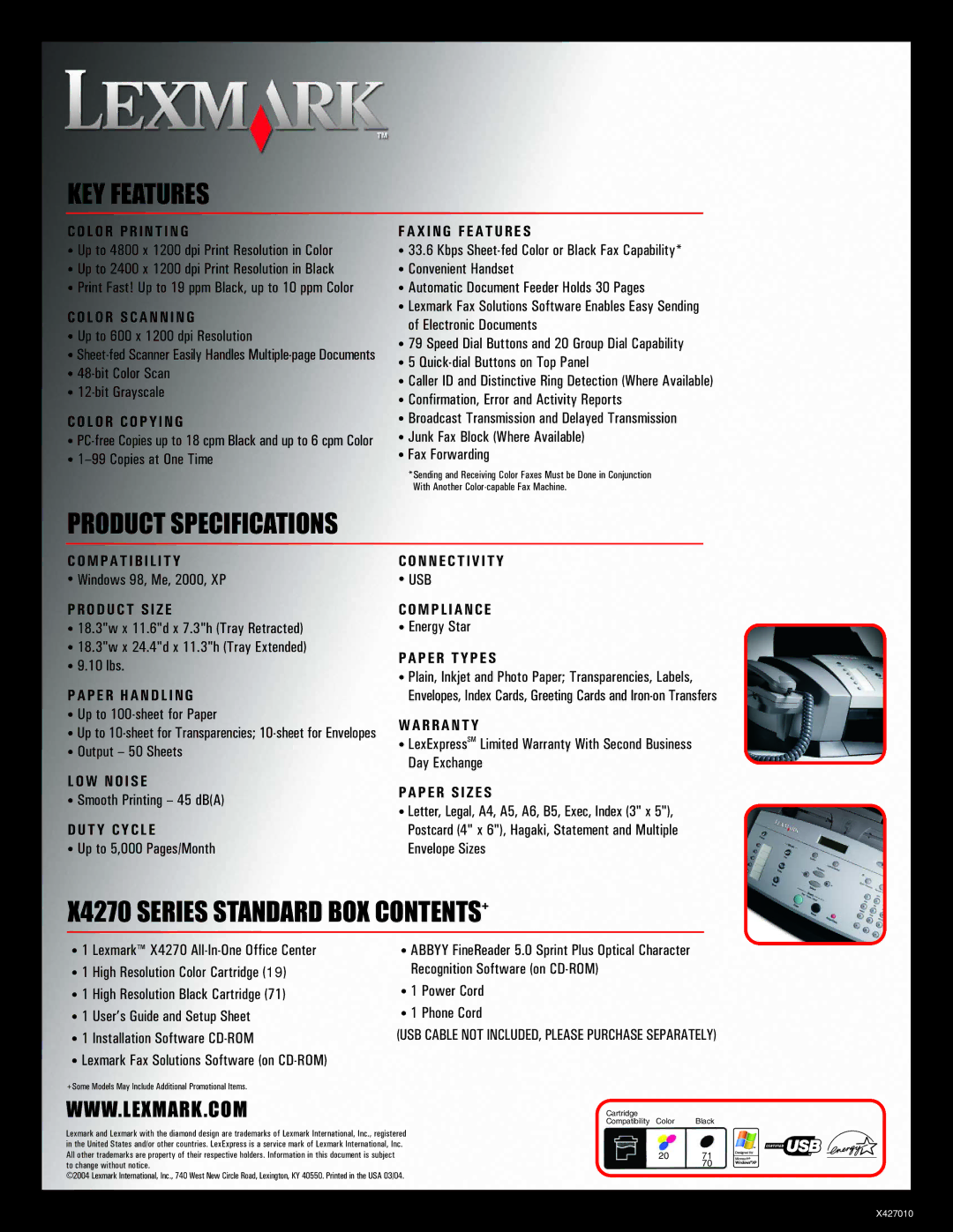 Lexmark manual KEY Features, Product Specifications, X4270 Series Standard BOX CONTENTS+ 