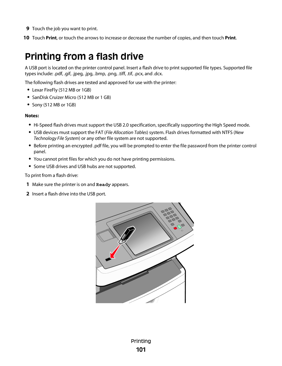 Lexmark n11, X466de, X464de, 431, 63W, 636, g02, g12, g11, g01, hn2, hn1, wh2, wh1, n12, X46X, X466dte Printing from a flash drive, 101 