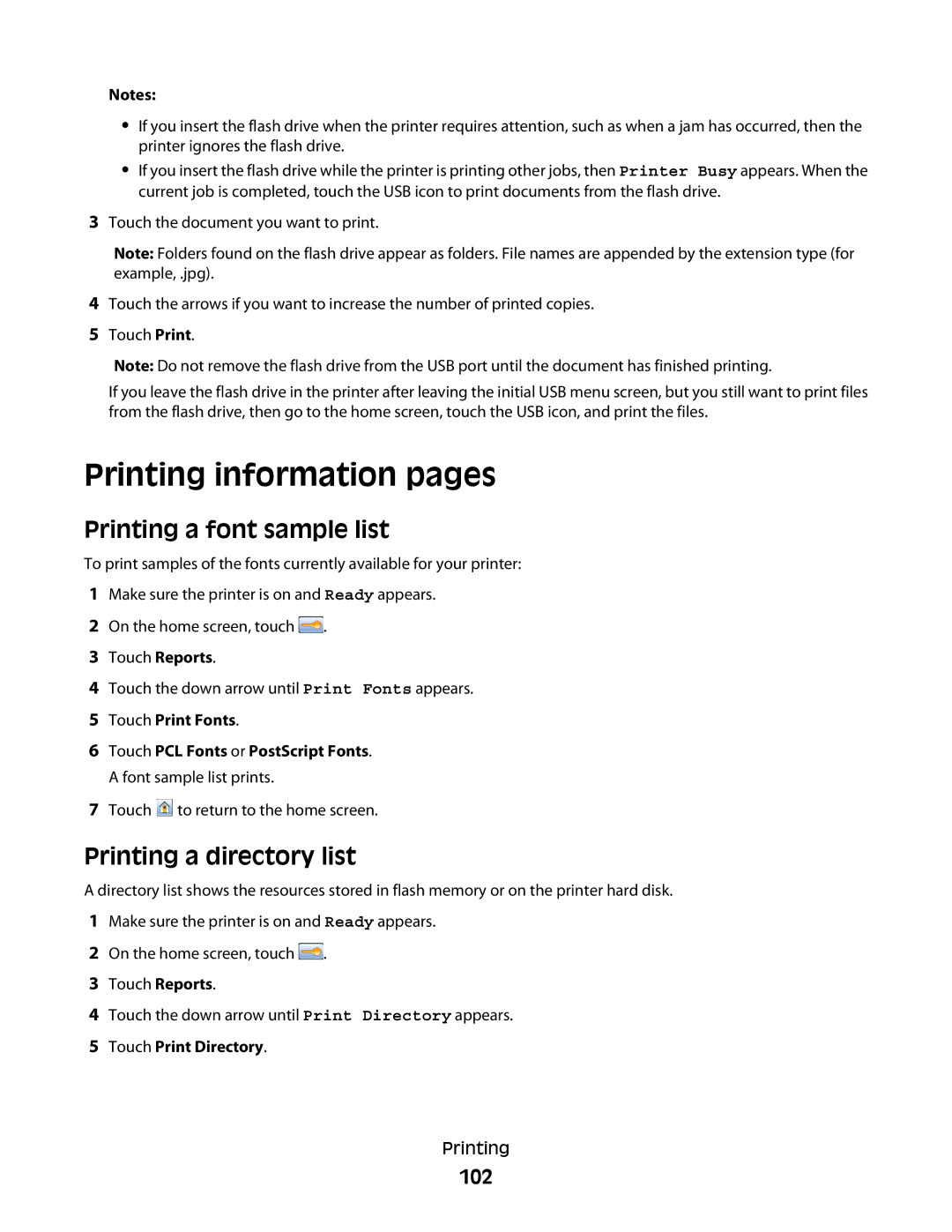 Lexmark n12 Printing information pages, Printing a font sample list, Printing a directory list, 102, Touch Print Directory 