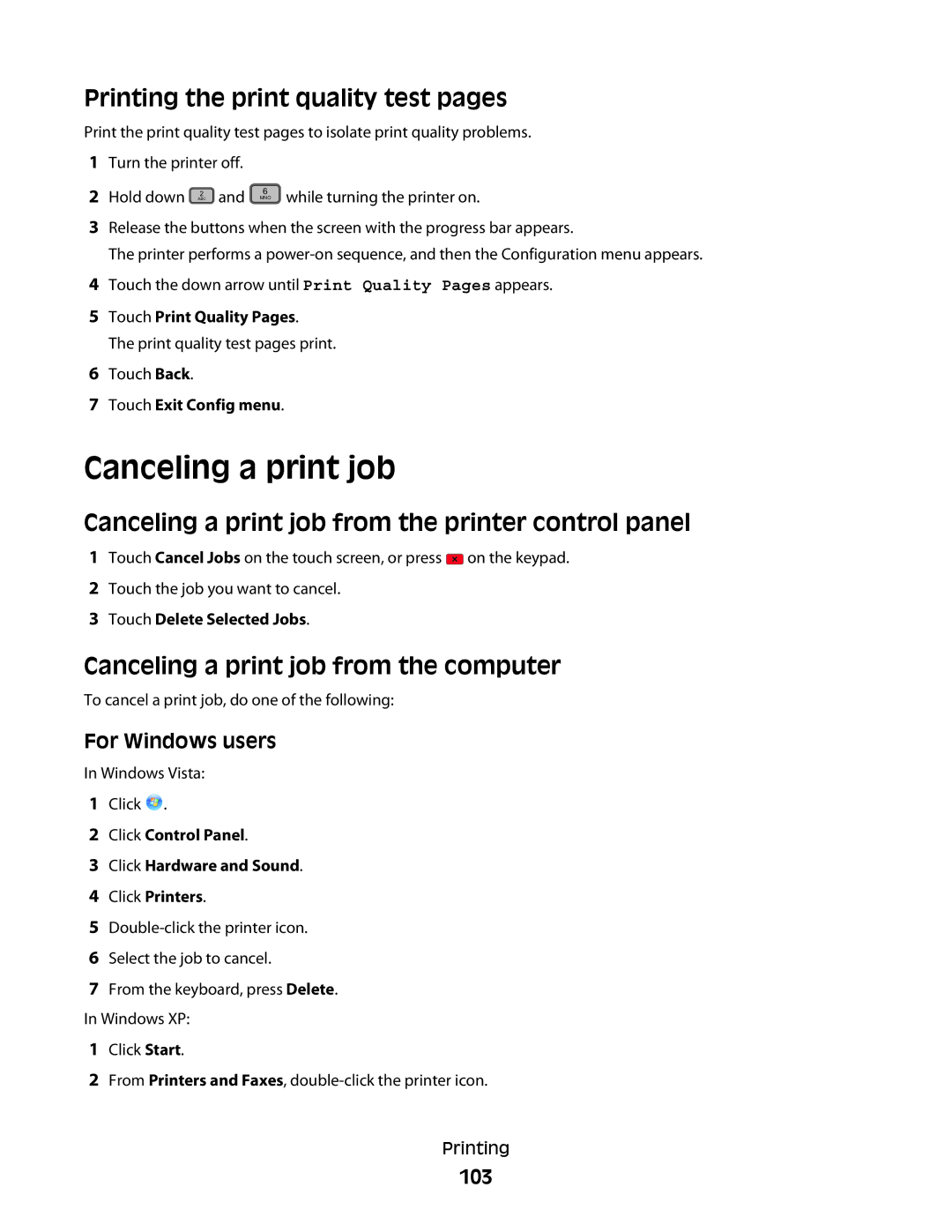 Lexmark X46X, X466de, X464de, 431 Printing the print quality test pages, Canceling a print job from the computer, 103 