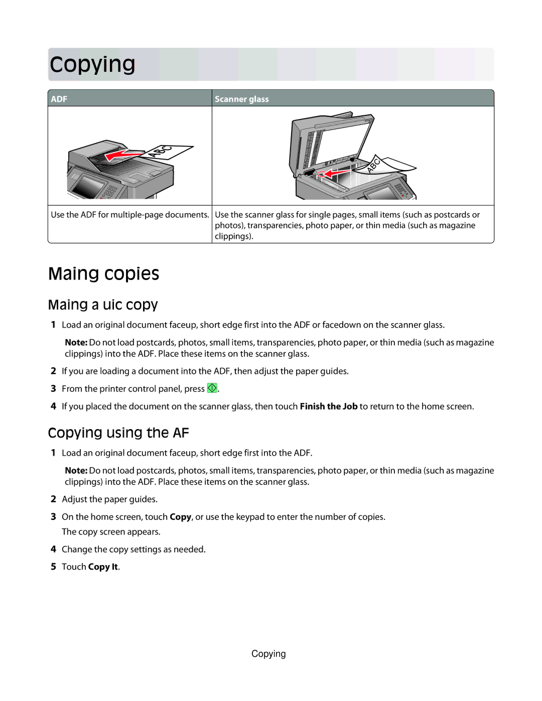 Lexmark 13C1265, X466de, X464de, 431, 63W, 636, g02, g12, g11, g01, hn2, hn1, wh2, wh1, n11, n12, X46X Making copies, Making a quick copy 