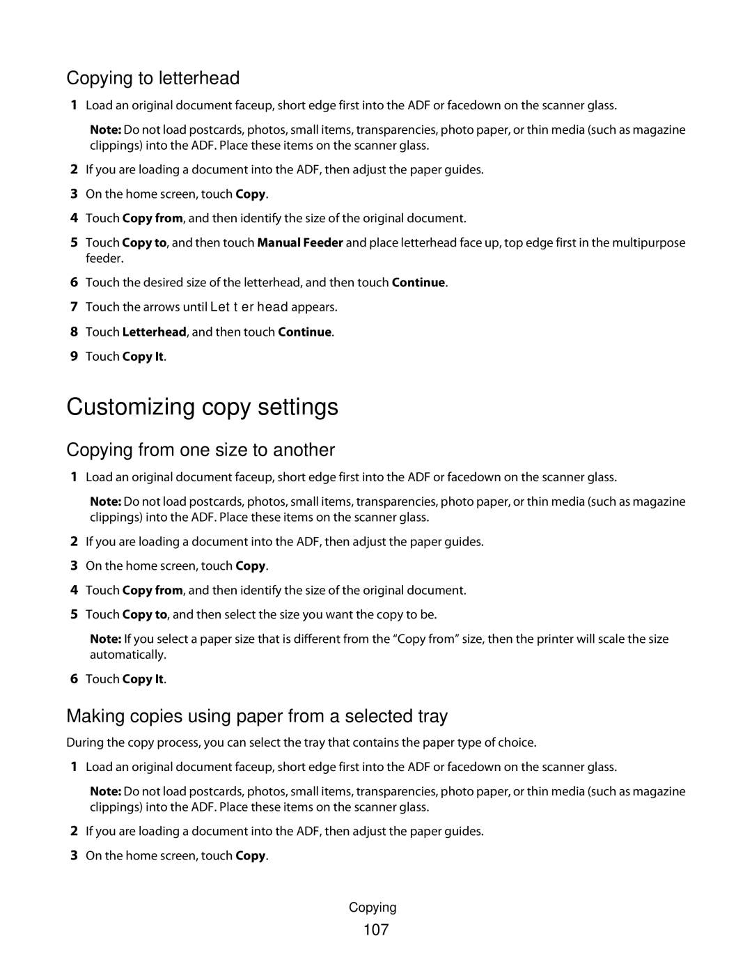 Lexmark 13C1262, X466de, X464de, 431 Customizing copy settings, Copying to letterhead, Copying from one size to another, 107 