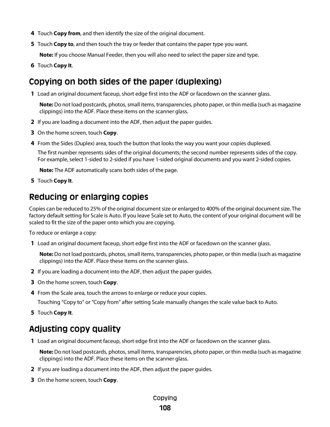 Lexmark 13C0084 Copying on both sides of the paper duplexing, Reducing or enlarging copies, Adjusting copy quality, 108 