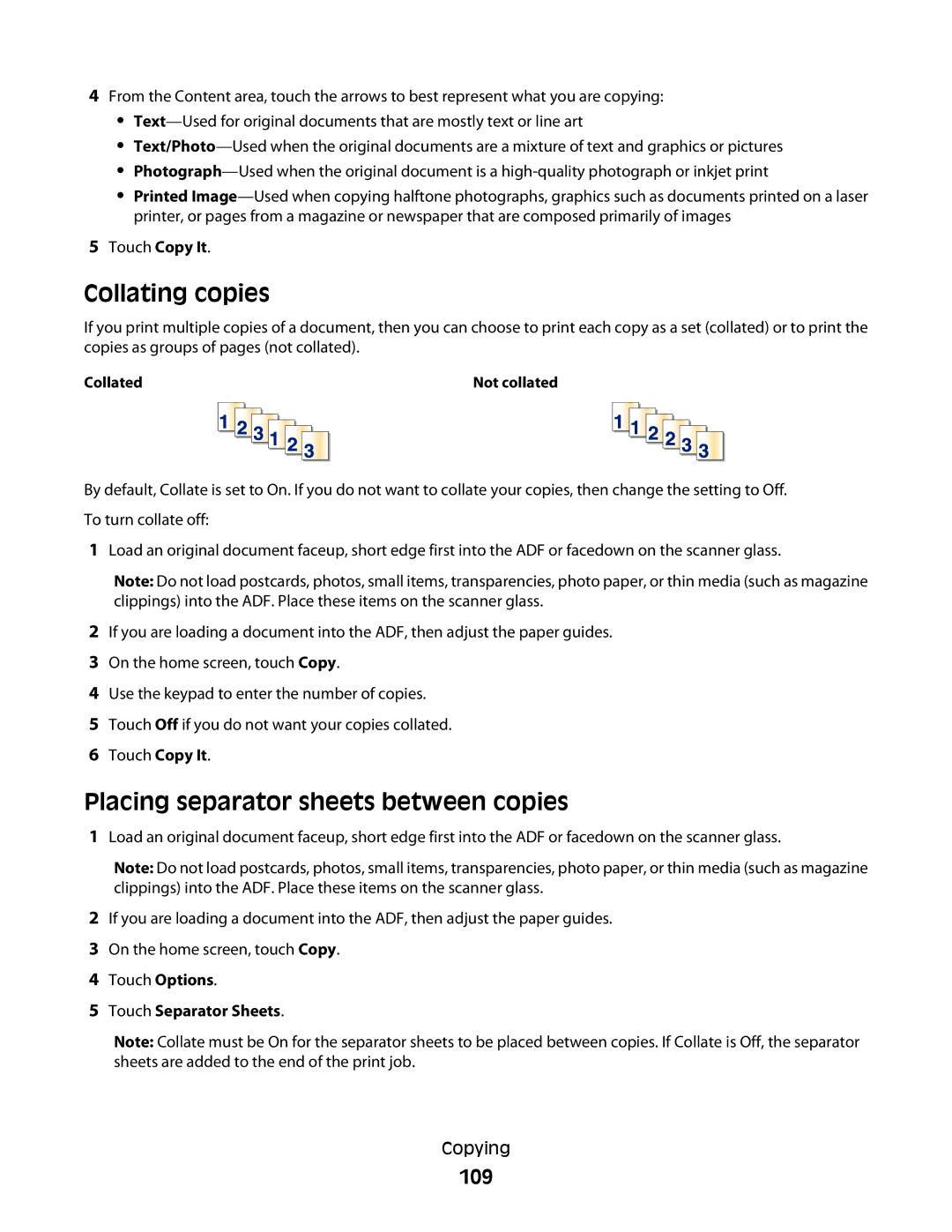 Lexmark 13C1102, X466de, X464de, 431 Collating copies, Placing separator sheets between copies, 109, Touch Separator Sheets 