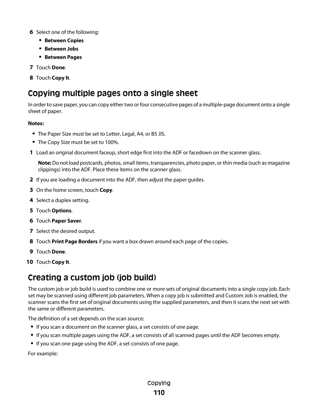 Lexmark X466de, X464de Copying multiple pages onto a single sheet, Creating a custom job job build, 110, Touch Paper Saver 