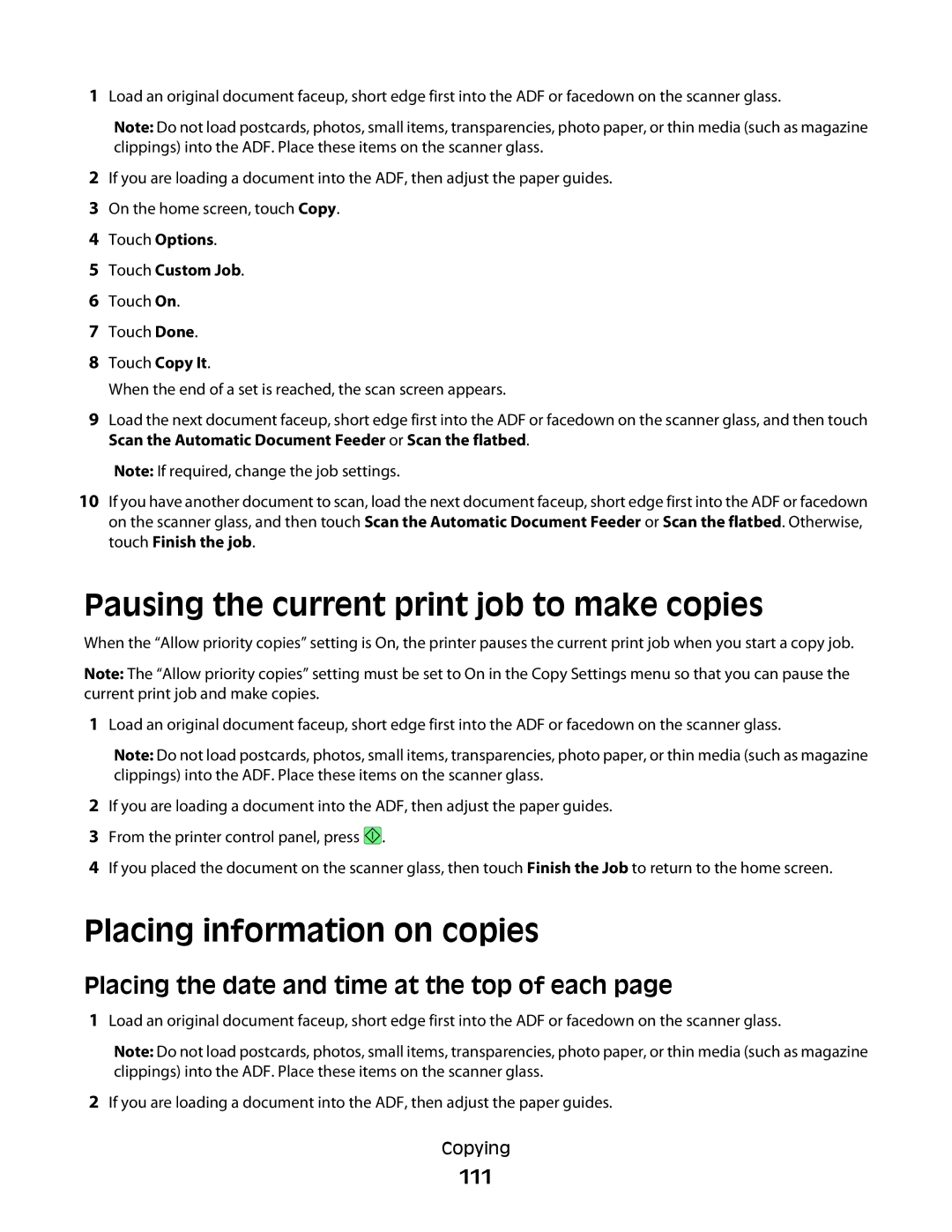 Lexmark X464de, X466de Pausing the current print job to make copies, Placing information on copies, 111, Touch Custom Job 