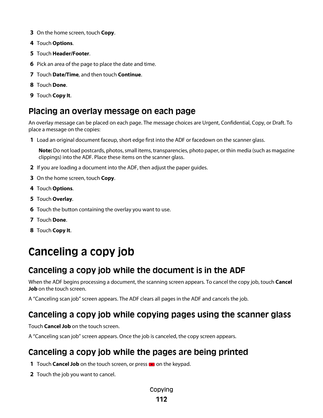 Lexmark 431, X466de, X464de, 63W, 636, g02, g12, g11, g01, hn2, hn1 Canceling a copy job, Placing an overlay message on each, 112 