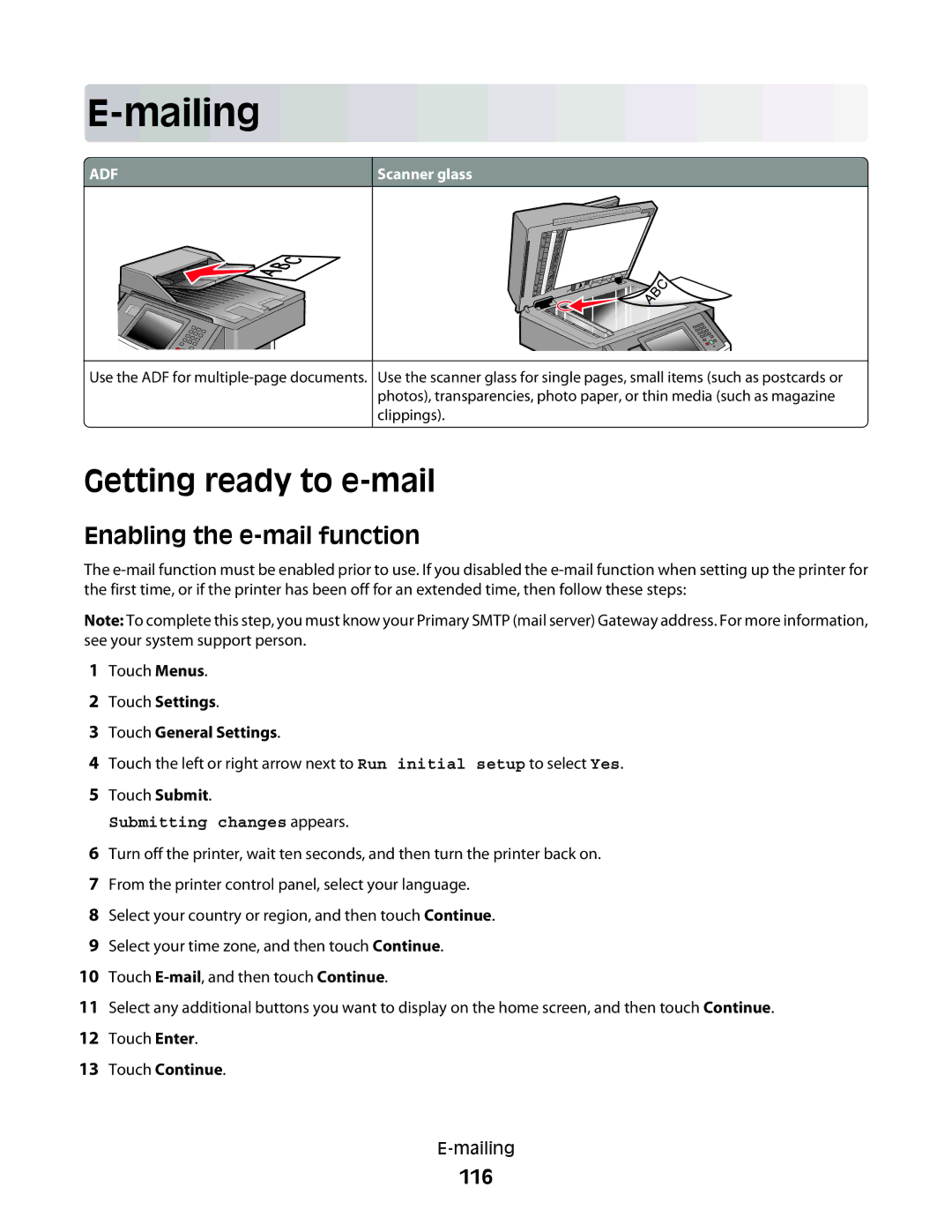 Lexmark g12, X466de, X464de, 431, 63W, 636, g02, g11 Getting ready to e-mail, Enabling the e-mail function, 116, Touch Continue 