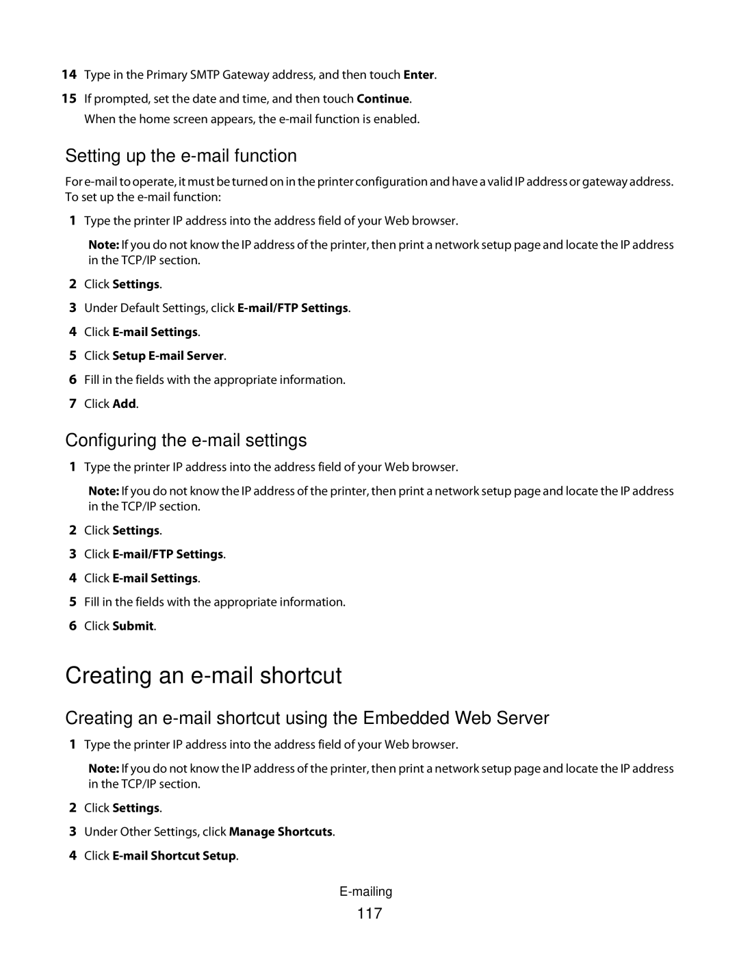 Lexmark g11, X466de, 431 Creating an e-mail shortcut, Setting up the e-mail function, Configuring the e-mail settings, 117 