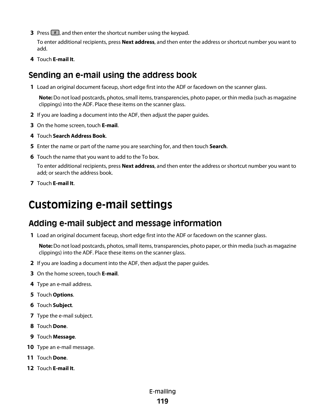 Lexmark hn2, X466de Customizing e-mail settings, Sending an e-mail using the address book, 119, Touch Search Address Book 